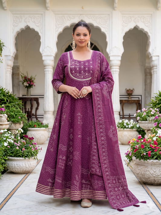 Wine Anarkali Kurta & Dupatta Set (Cotton)