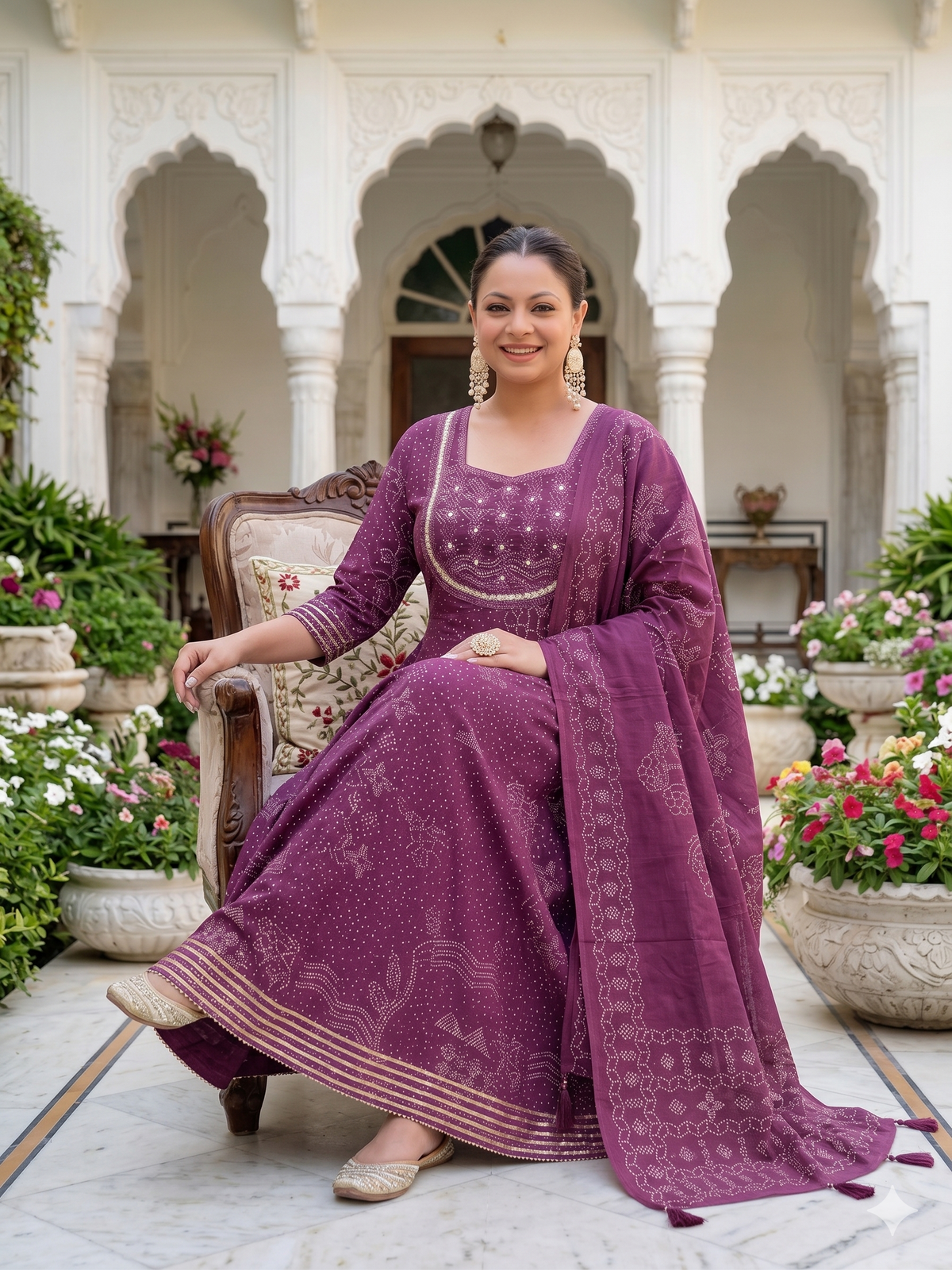 Wine Anarkali Kurta & Dupatta Set (Cotton)