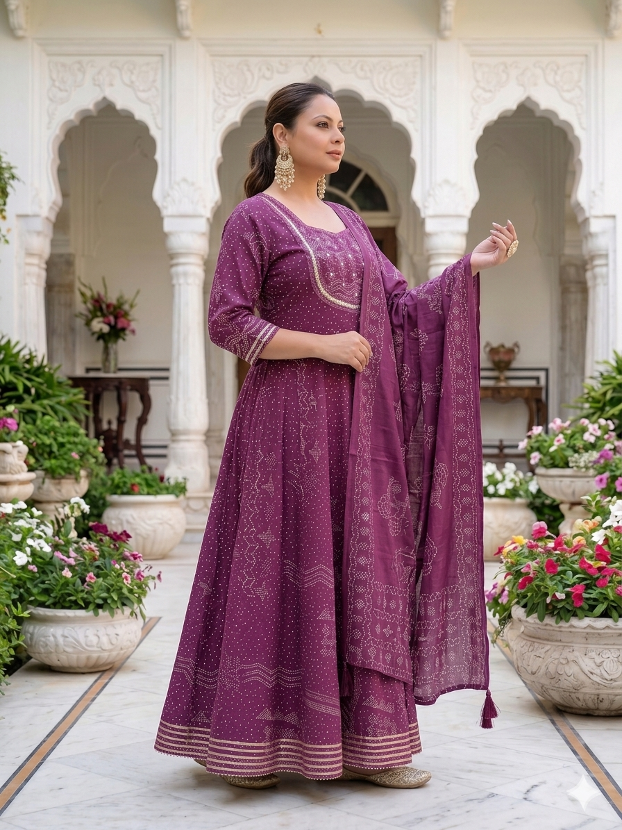 Wine Anarkali Kurta & Dupatta Set (Cotton)