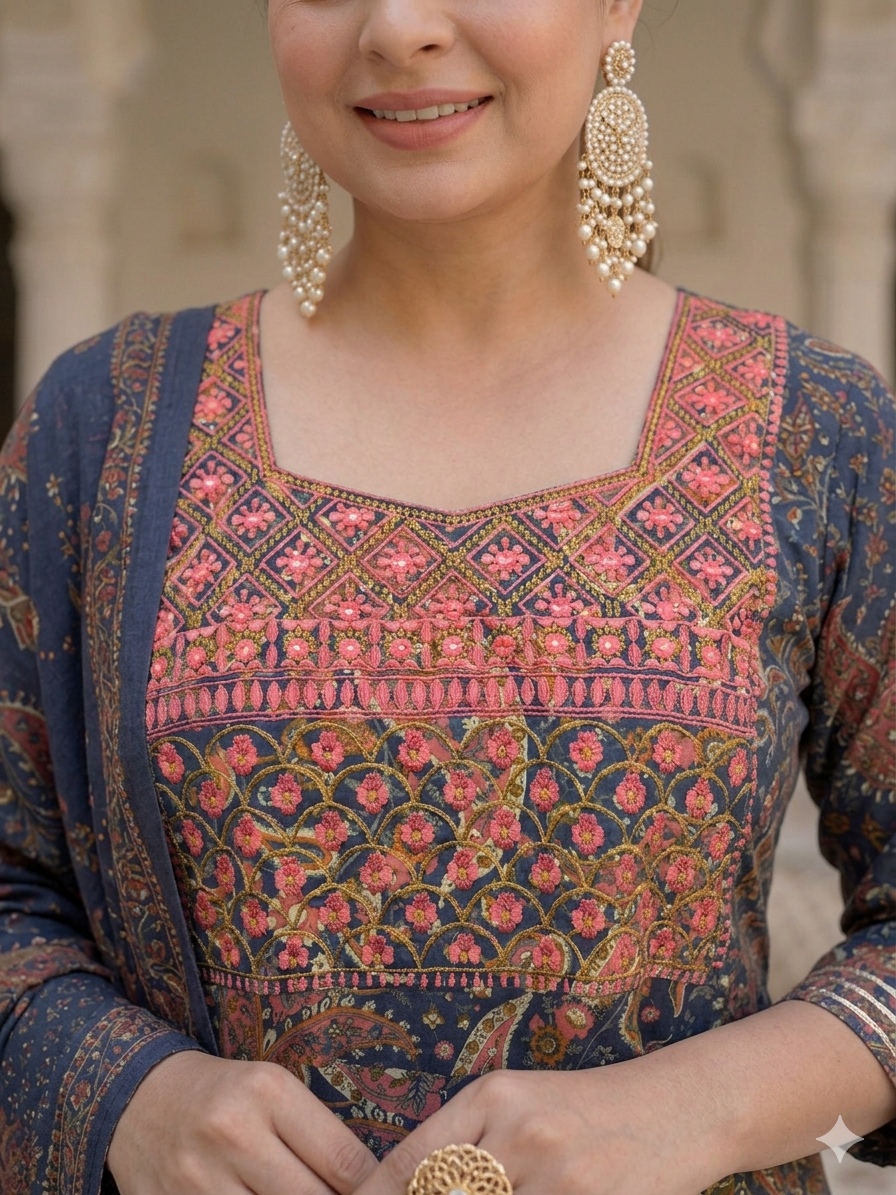 Deep Indigo Anarkali Kurta & Dupatta Set (Cotton)