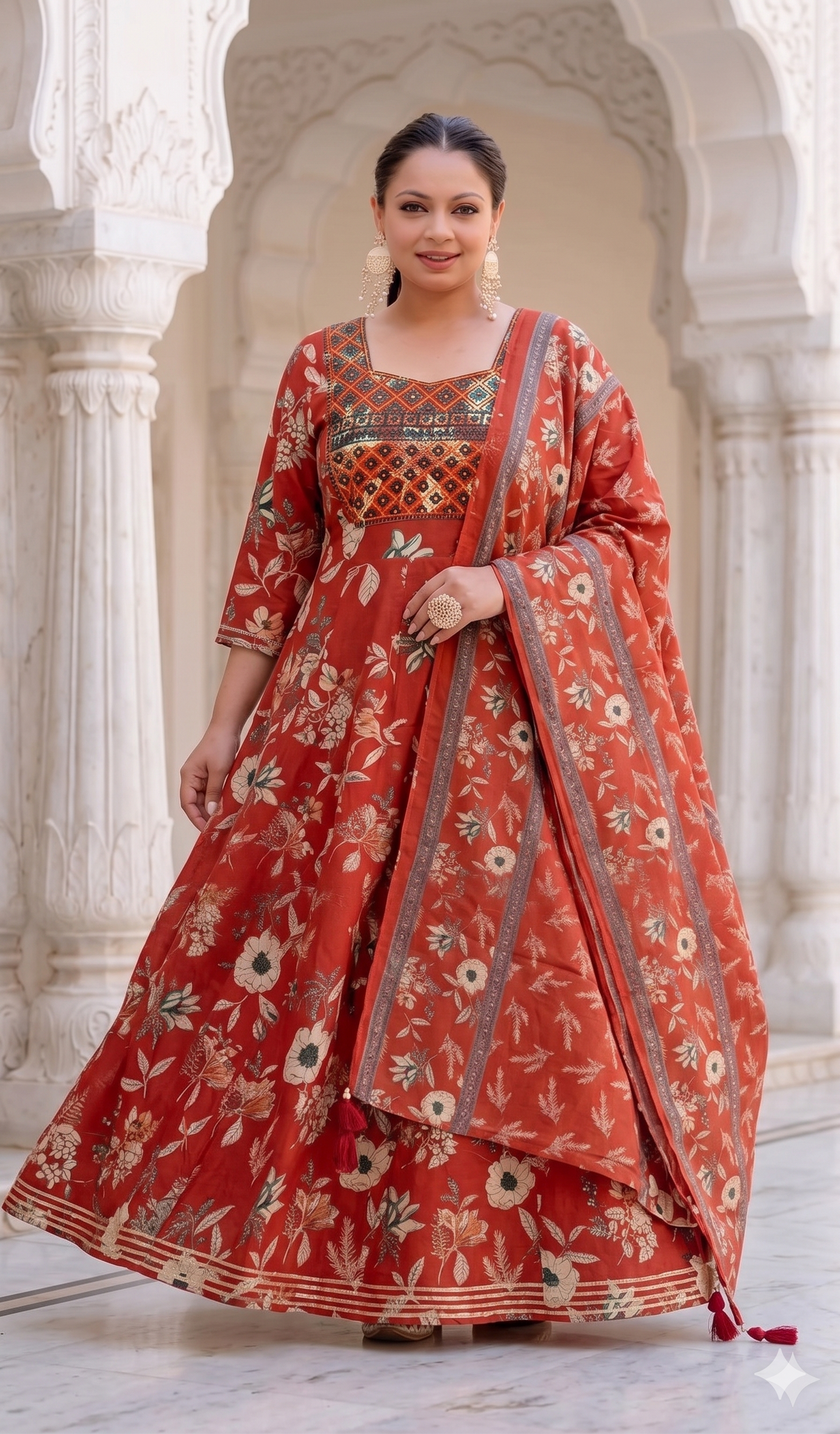 Rust Orange Anarkali Kurta & Dupatta Set (Cotton)