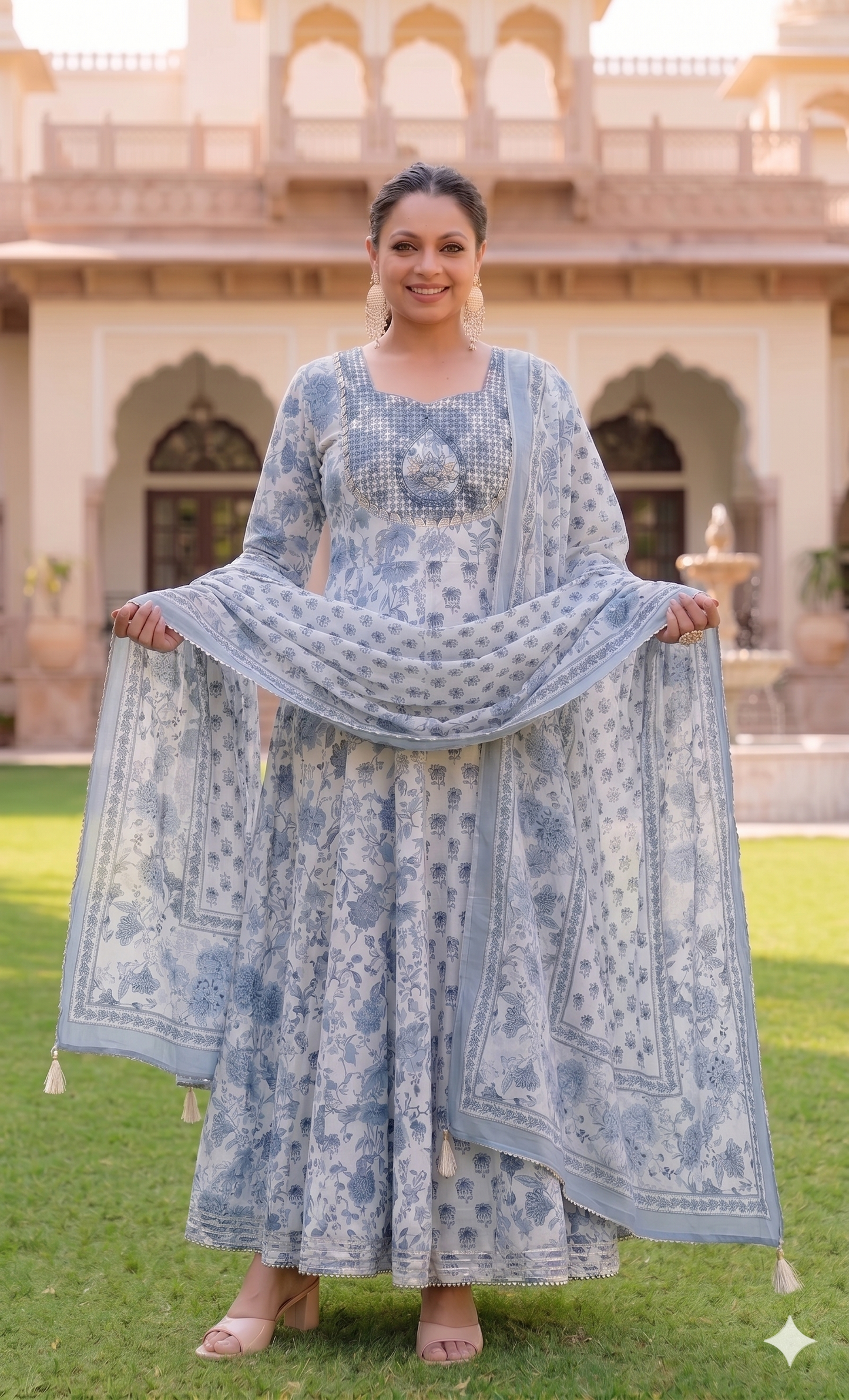 White Printed Anarkali Kurta & Dupatta Set