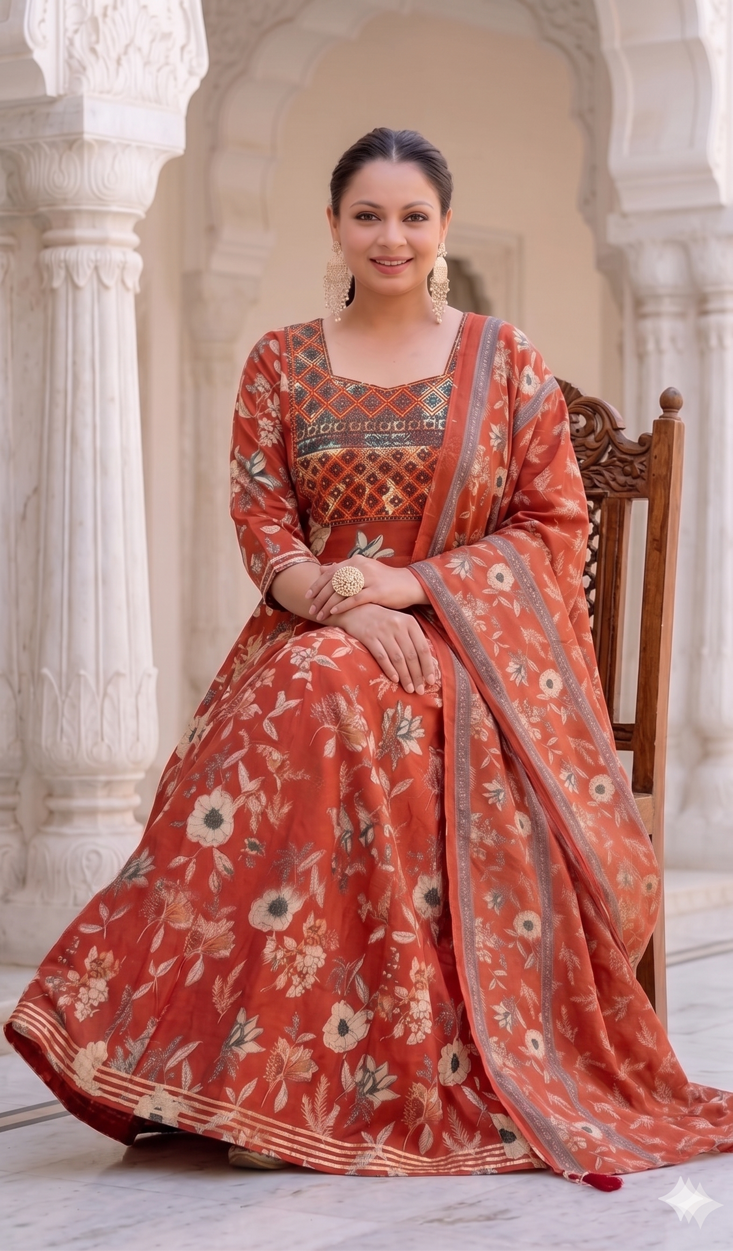 Rust Orange Anarkali Kurta & Dupatta Set (Cotton)