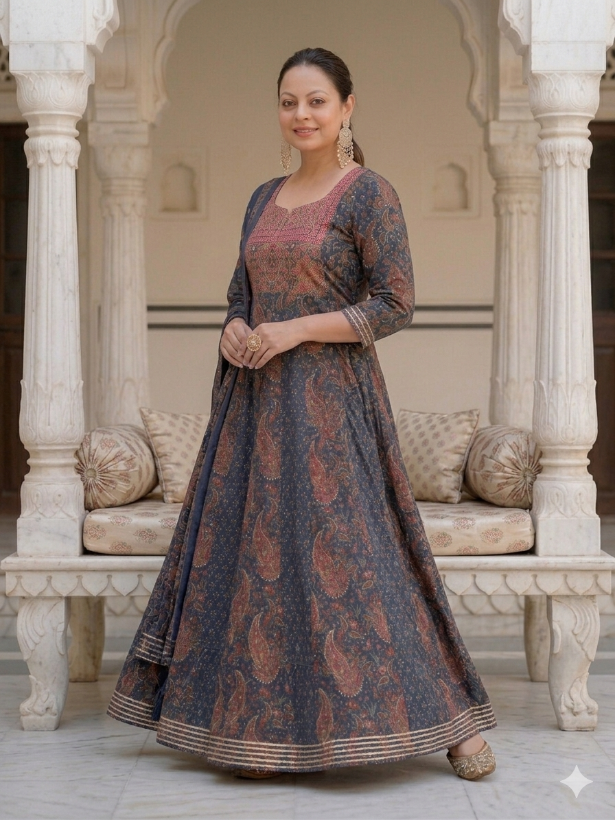 Deep Indigo Anarkali Kurta & Dupatta Set (Cotton)
