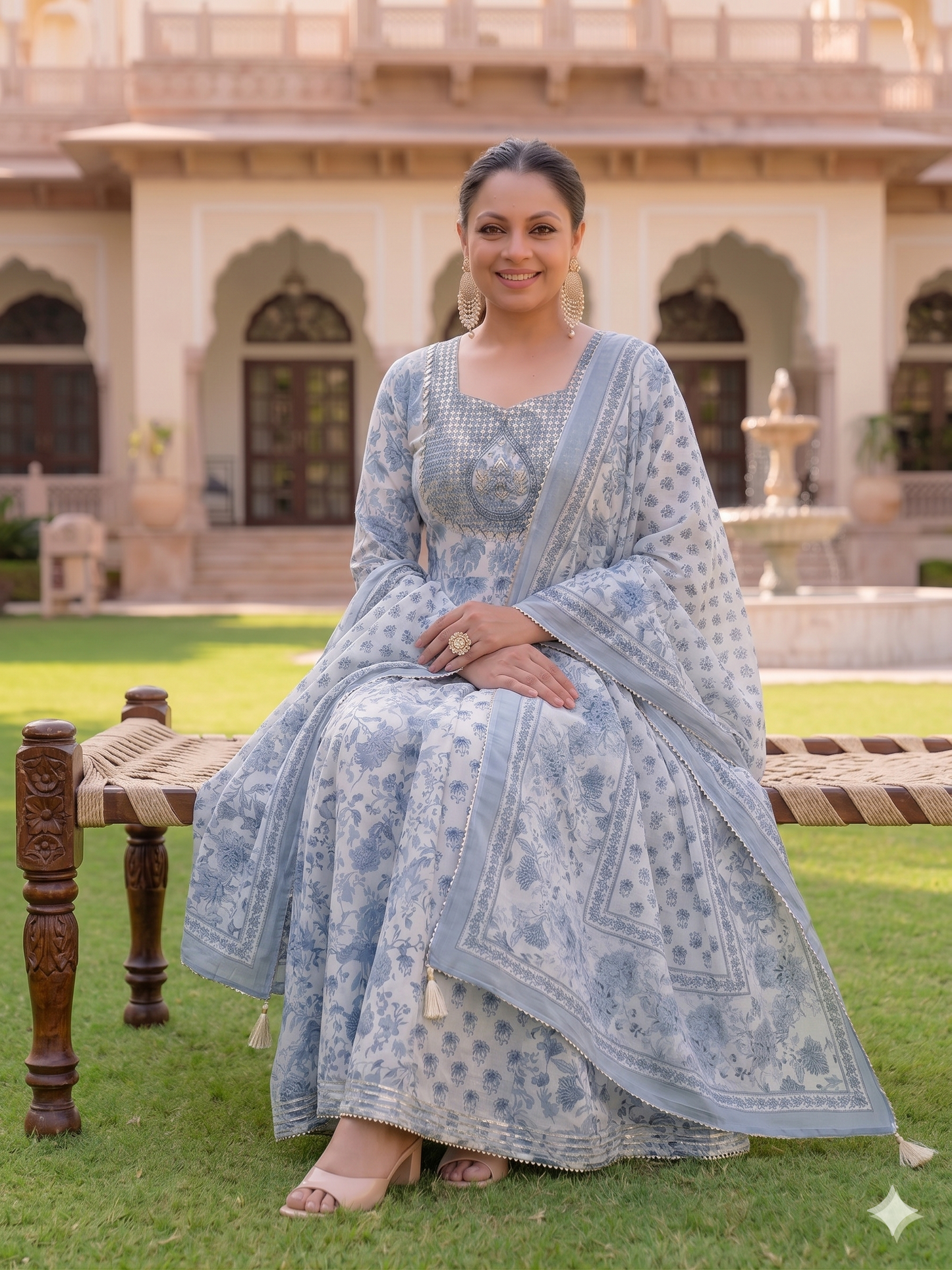 White Printed Anarkali Kurta & Dupatta Set