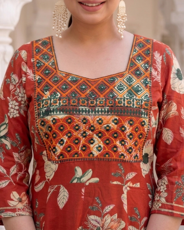 Rust Orange Anarkali Kurta & Dupatta Set (Cotton)