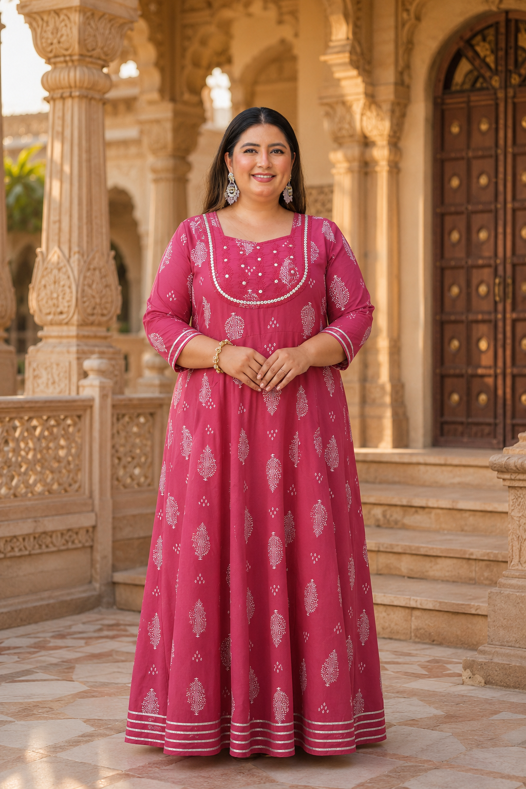 Pink Anarkali Kurta & Dupatta Set (Cotton)