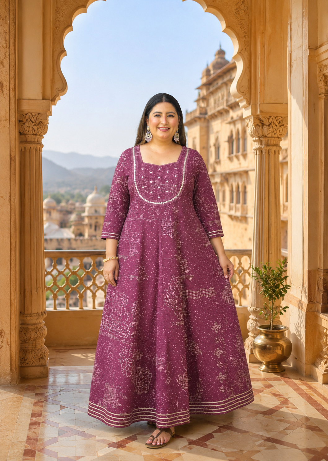 Wine Anarkali Kurta & Dupatta Set (Cotton)