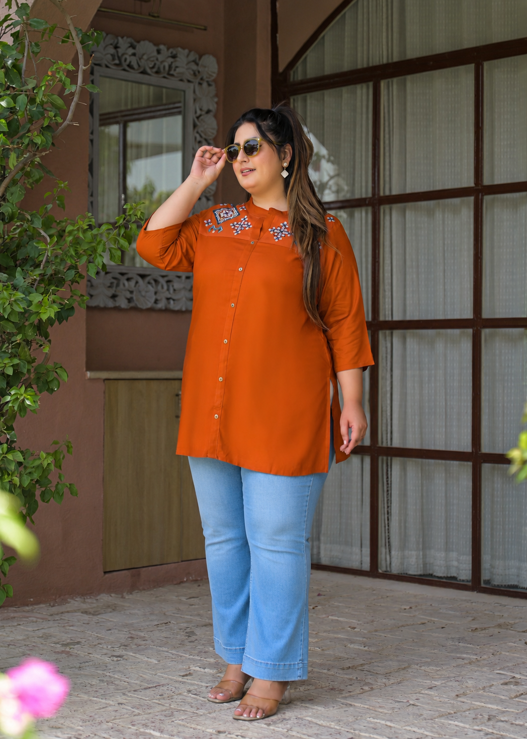 Rust Neck Embroidered Top
