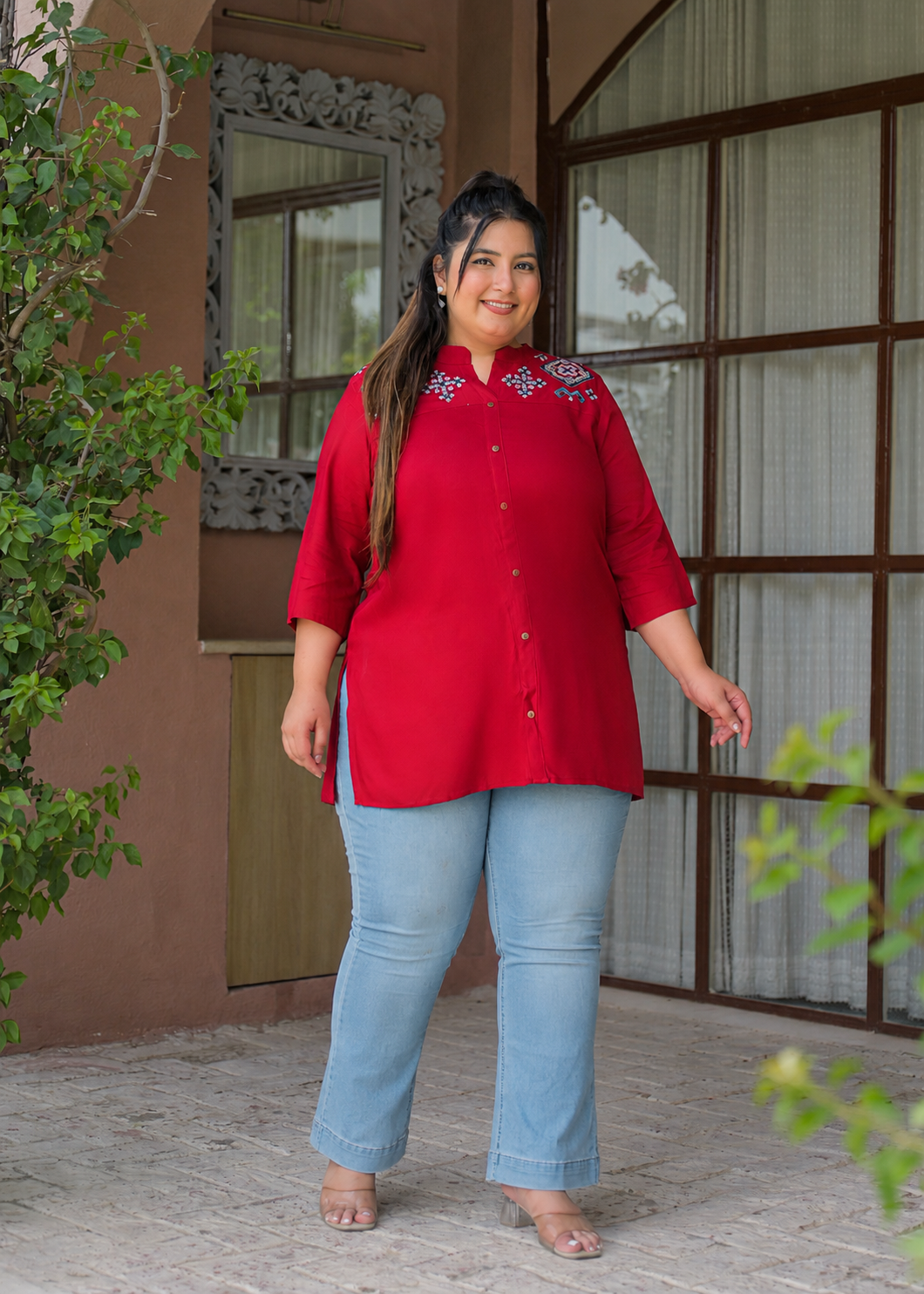 Maroon Neck Embroidered Top