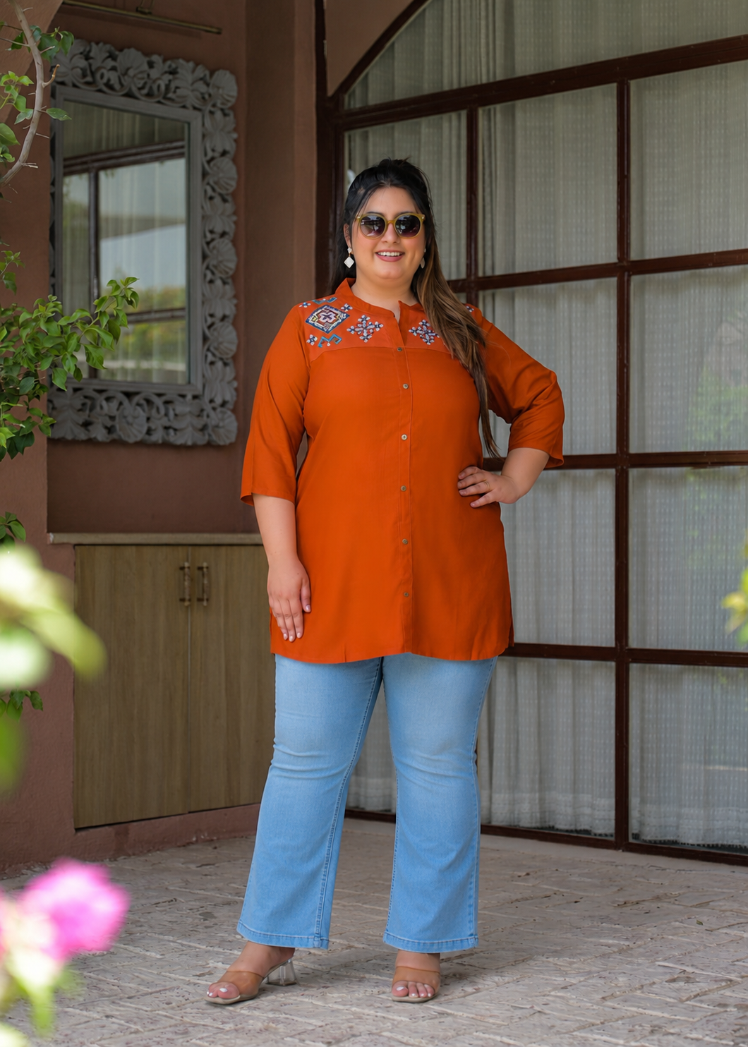 Rust Neck Embroidered Top