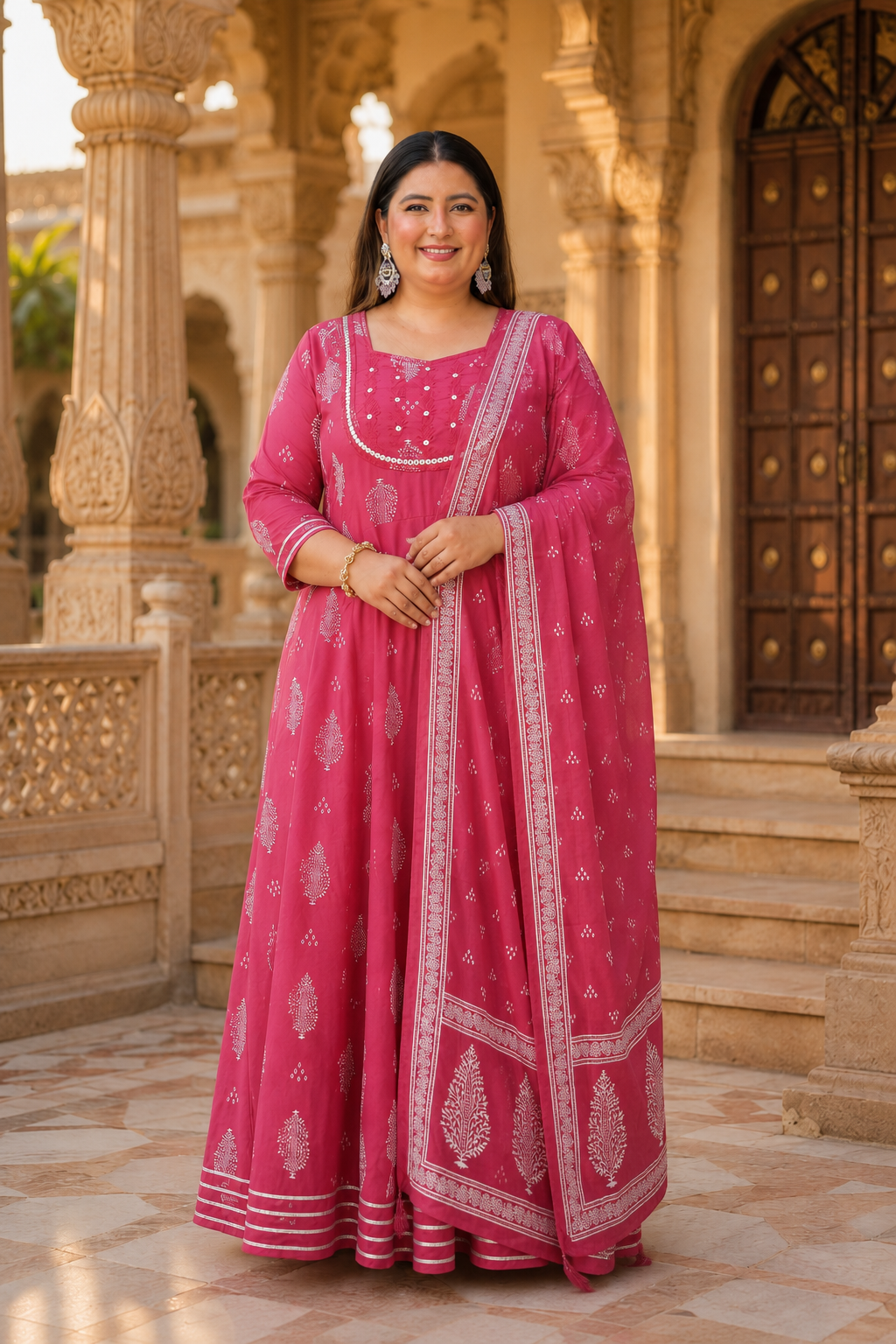 Pink Anarkali Kurta & Dupatta Set (Cotton)