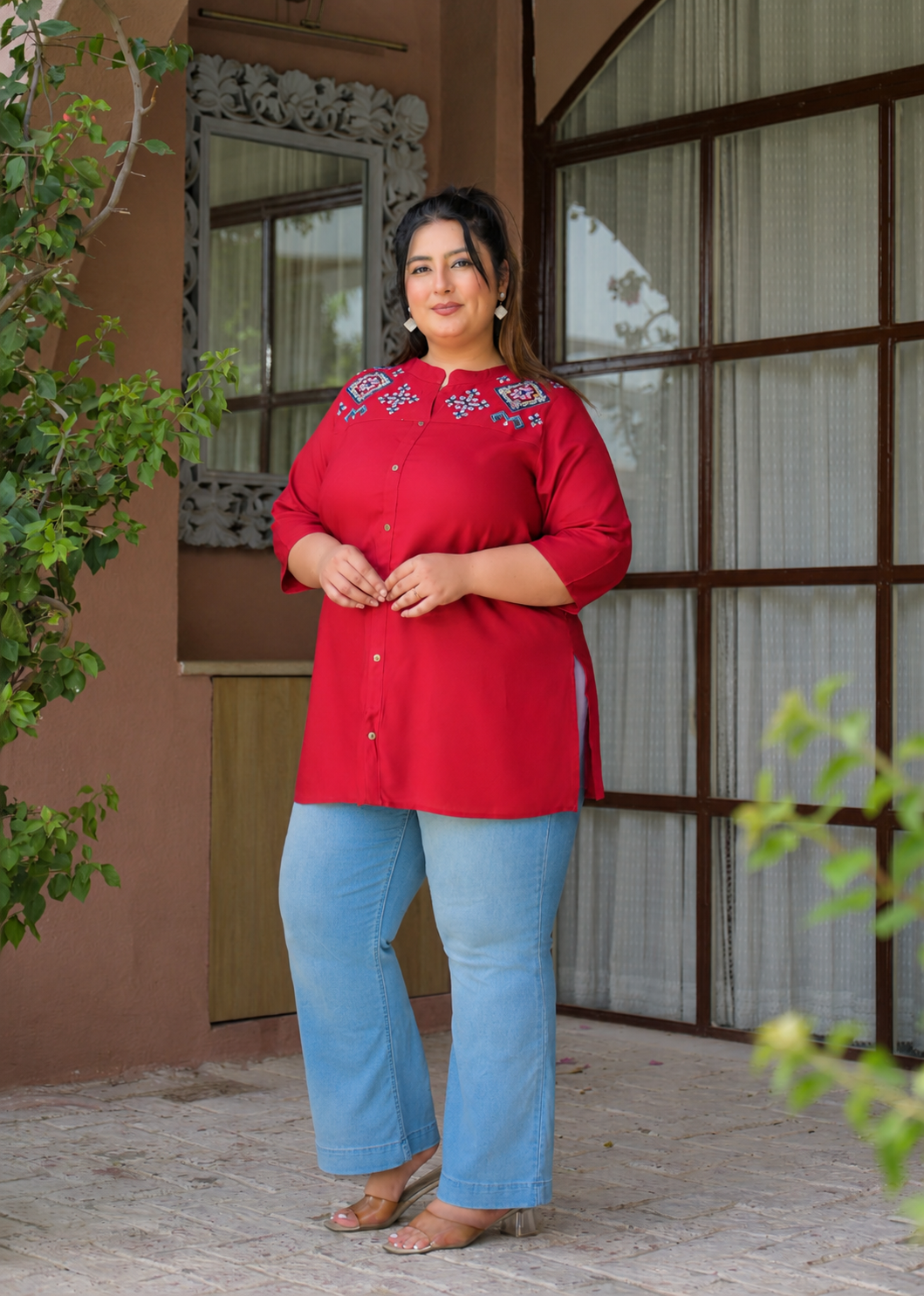 Maroon Neck Embroidered Top