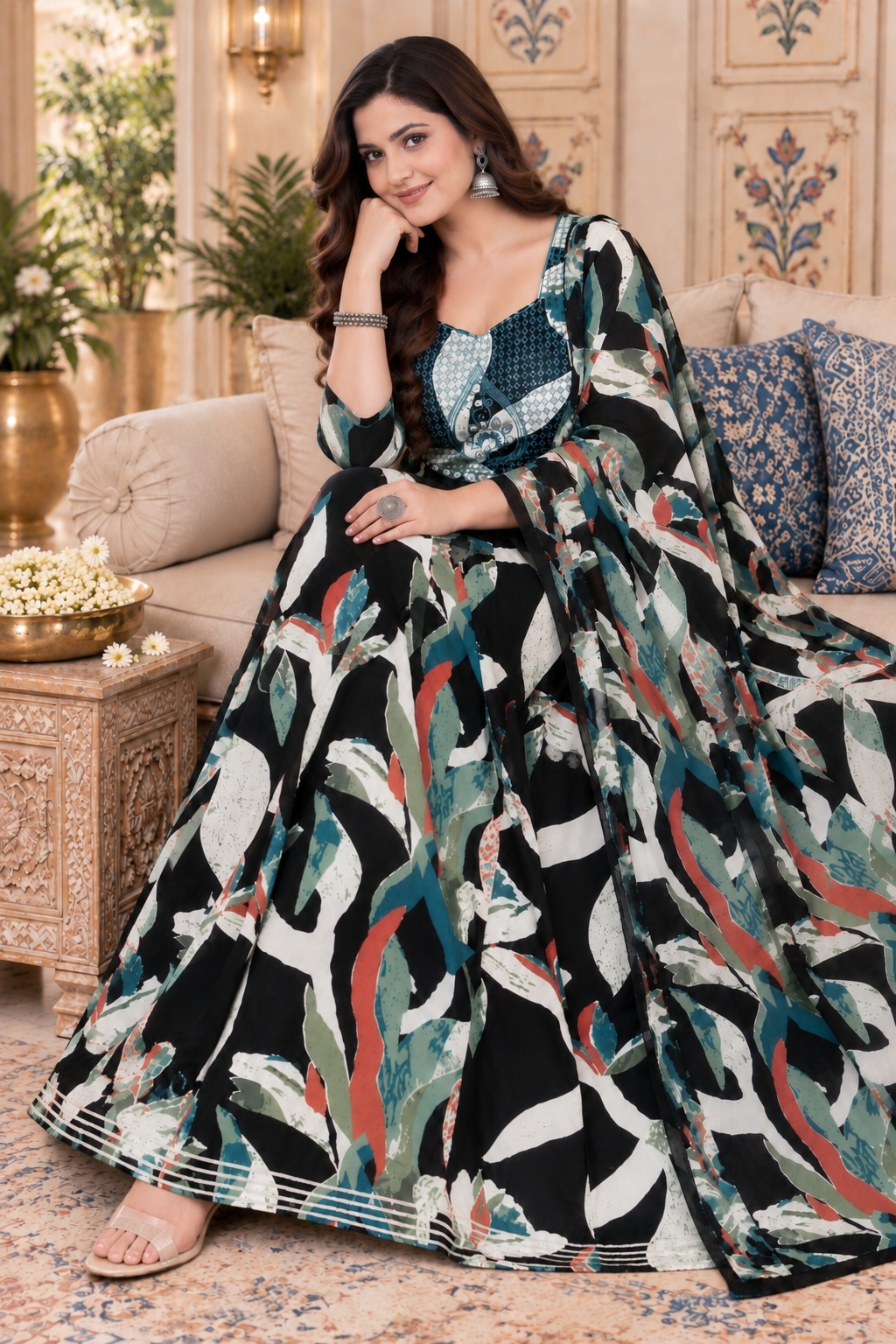 Black Abstract Anarkali Kurta & Dupatta Set