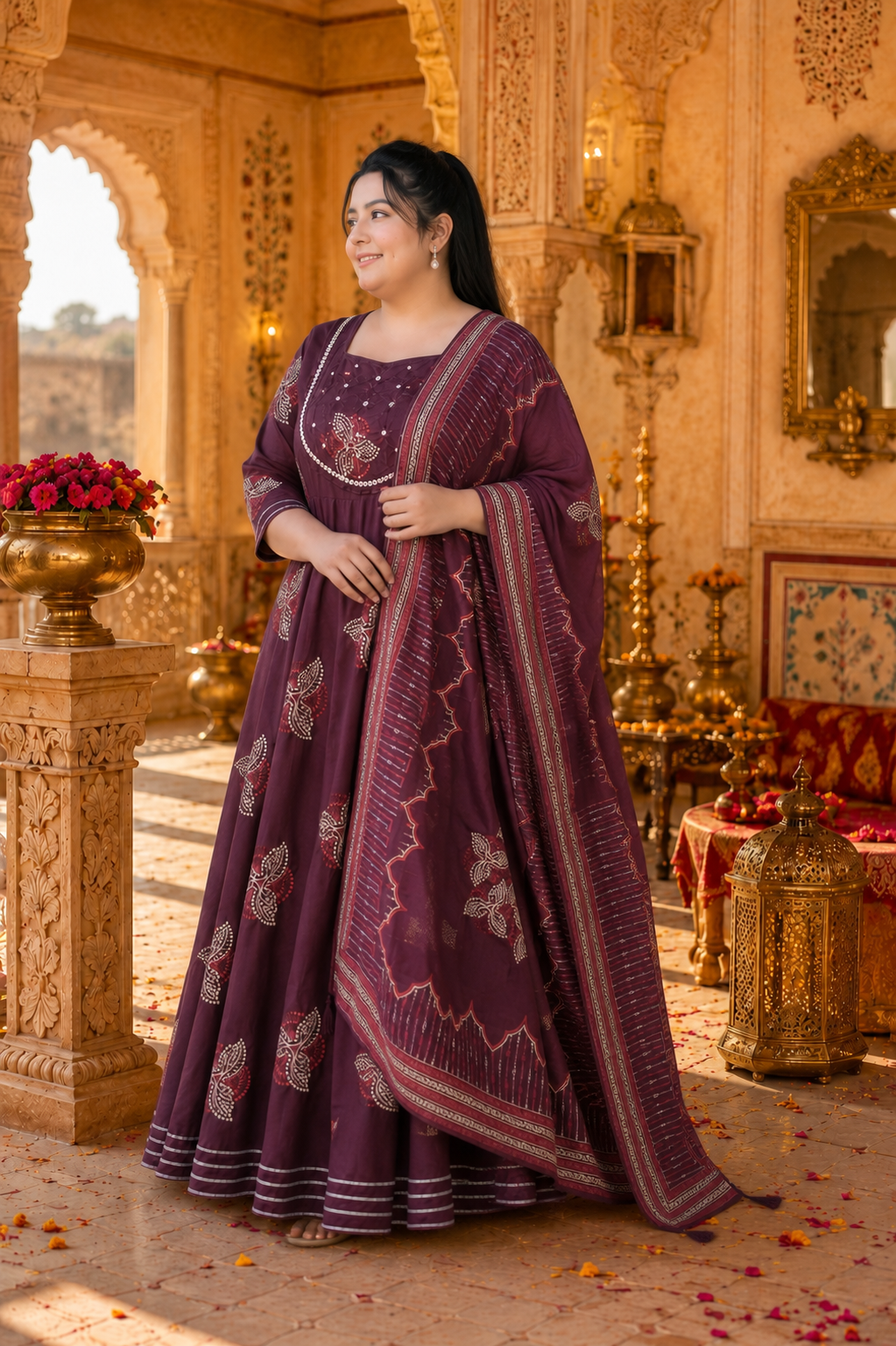 Dark Wine Anarkali Kurta & Dupatta Set (Cotton)