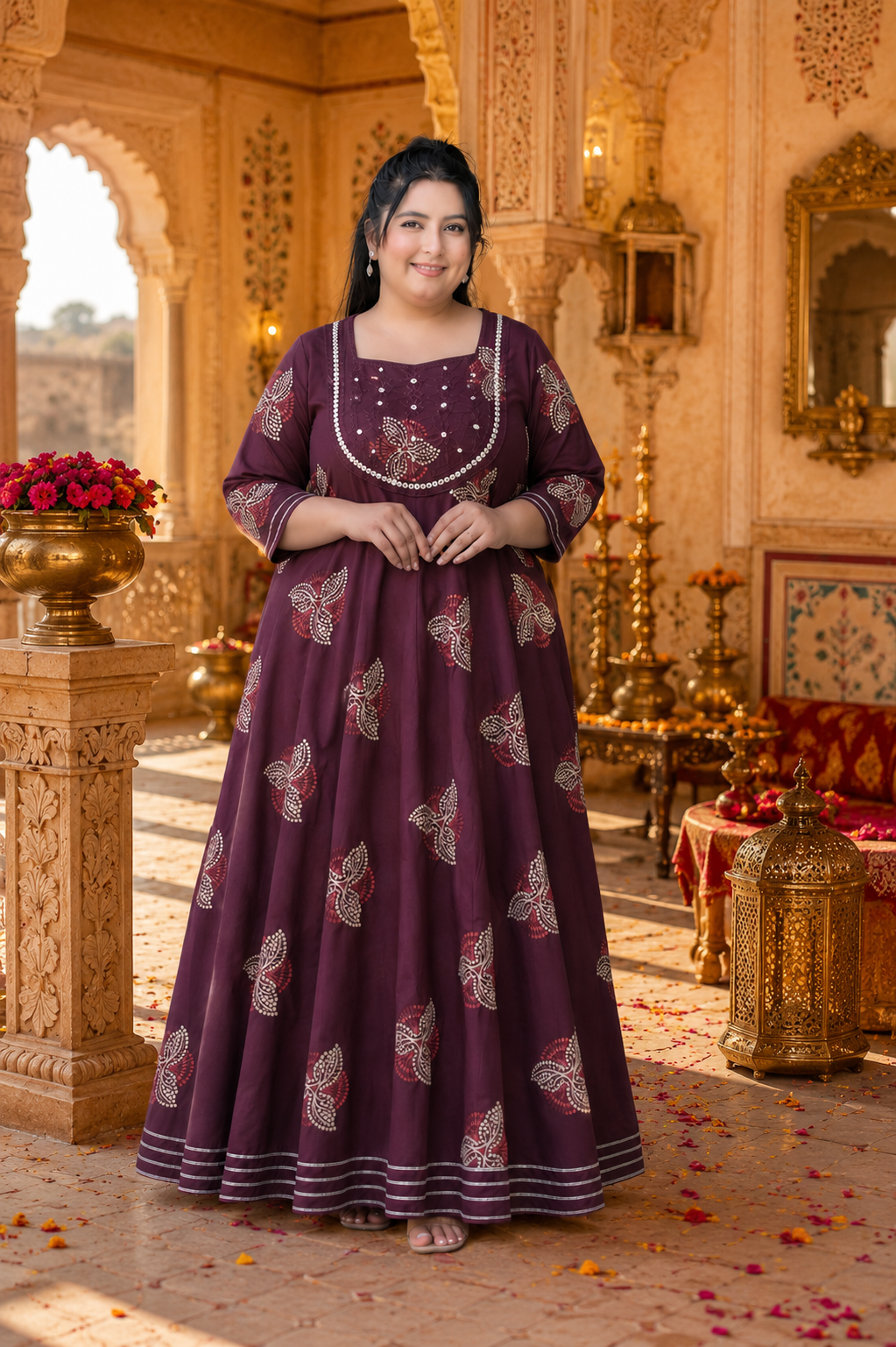Dark Wine Anarkali Kurta & Dupatta Set (Cotton)