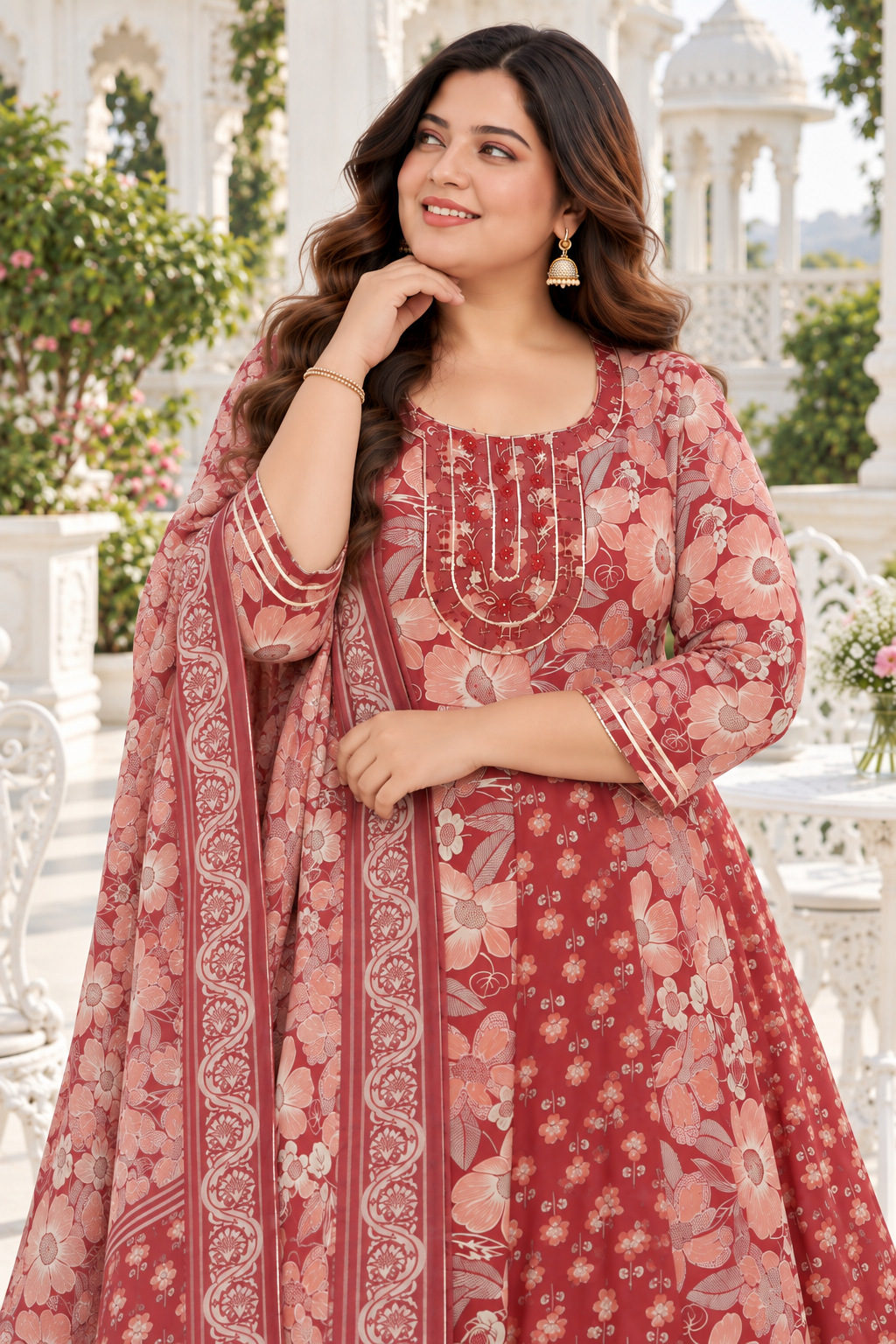 Rust Red Anarkali Kurta & Dupatta Set (Cotton)
