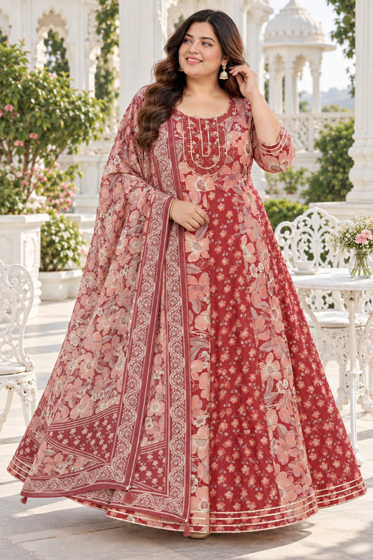 Rust Red Anarkali Kurta & Dupatta Set (Cotton)