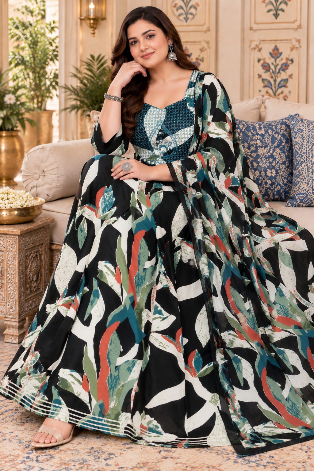 Black Abstract Anarkali Kurta & Dupatta Set