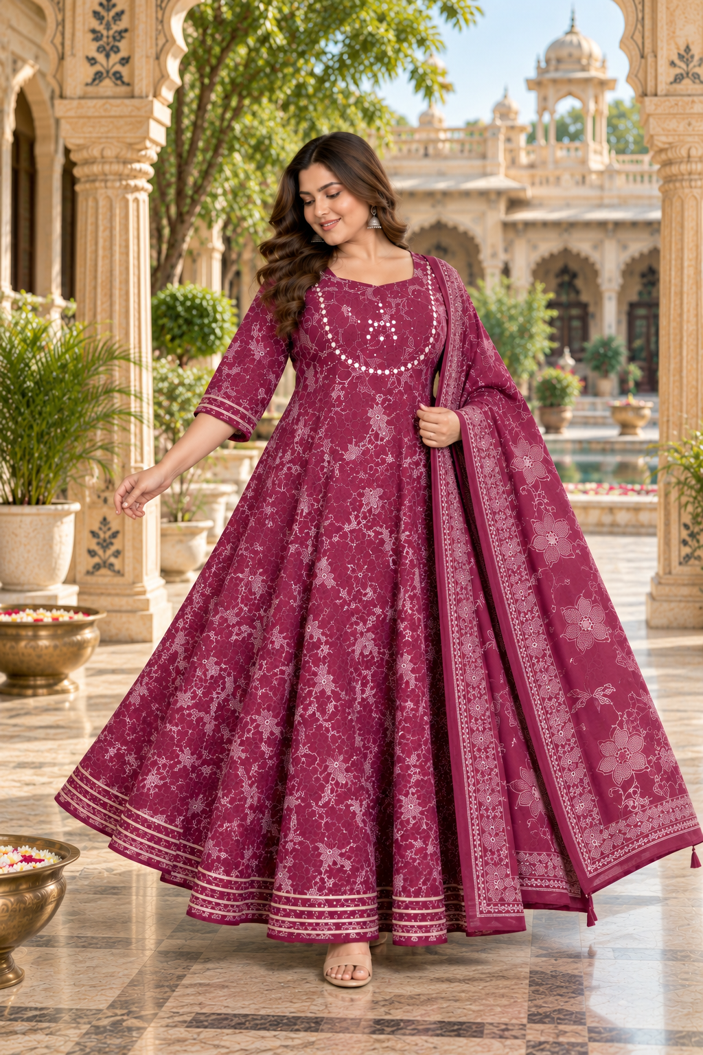 Magenta Purple Anarkali Kurta & Dupatta Set (Cotton)