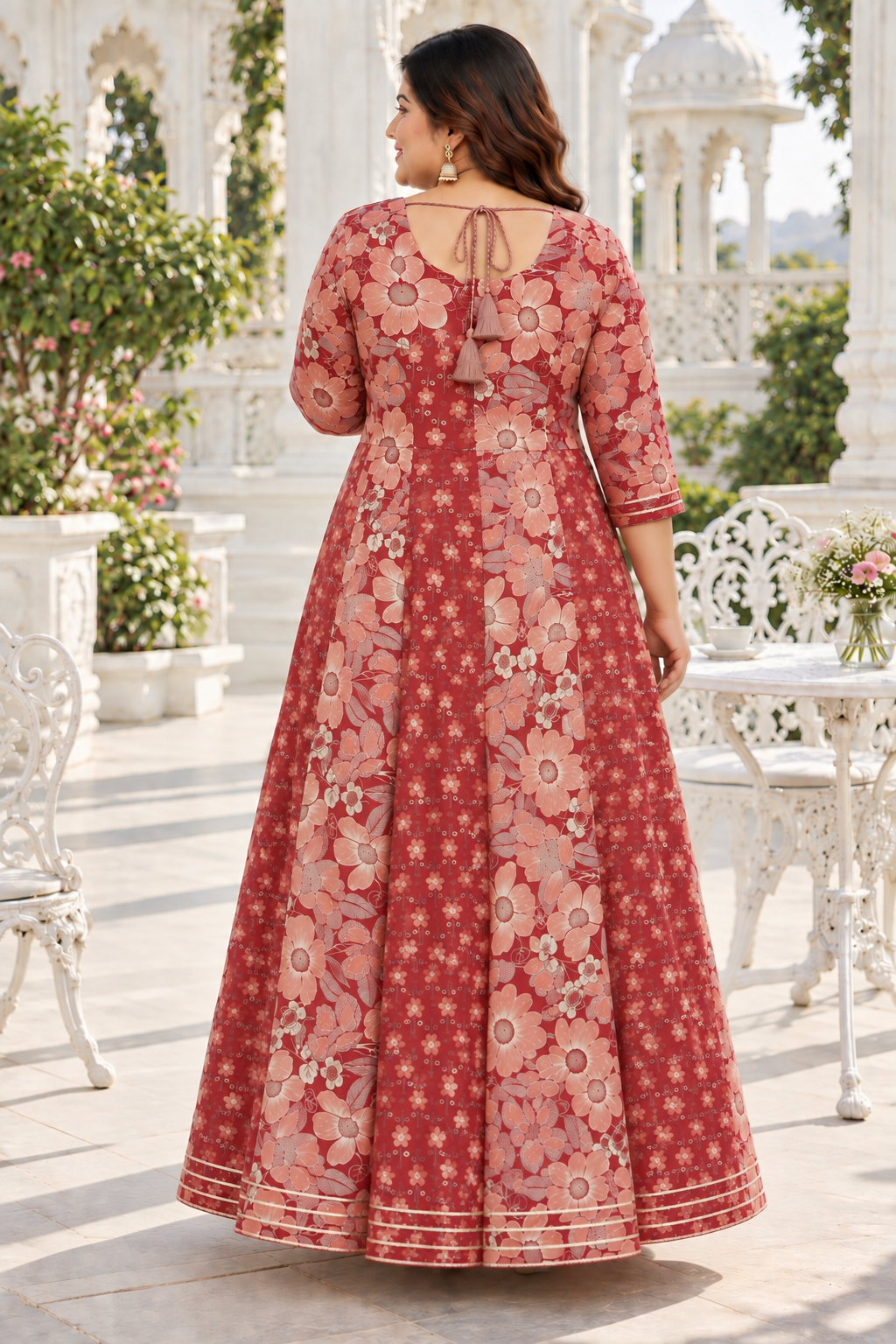 Rust Red Anarkali Kurta & Dupatta Set (Cotton)