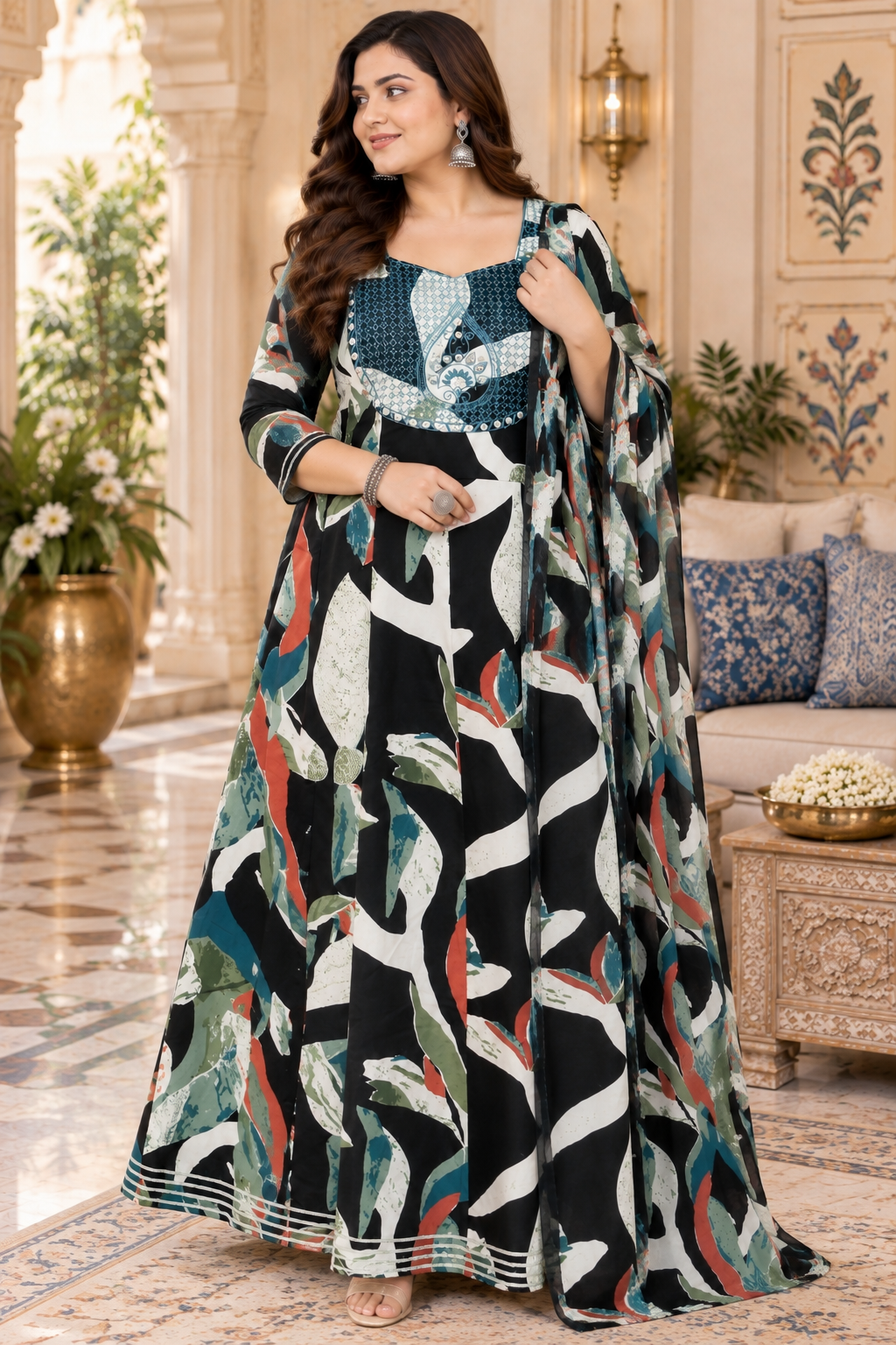 Black Abstract Anarkali Kurta & Dupatta Set