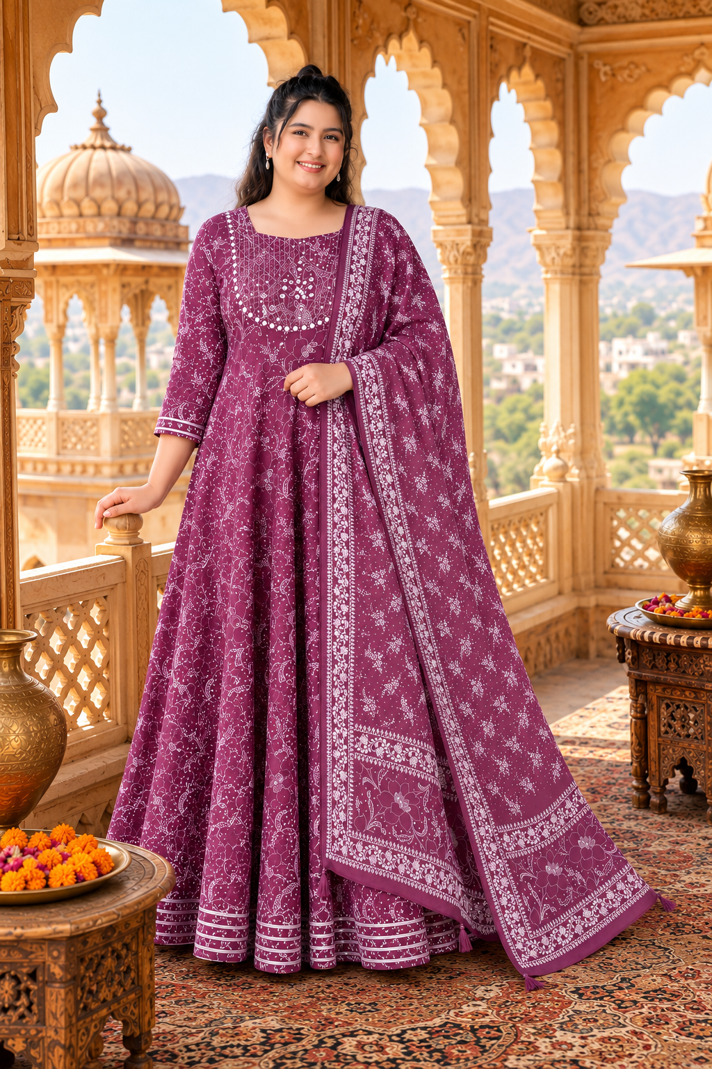 Magenta Purple Anarkali Kurta & Dupatta Set (Cotton)