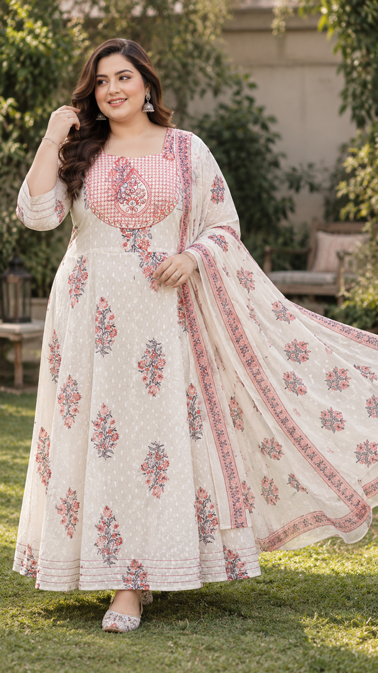 White Anarkali Kurta & Dupatta Set (Cotton)