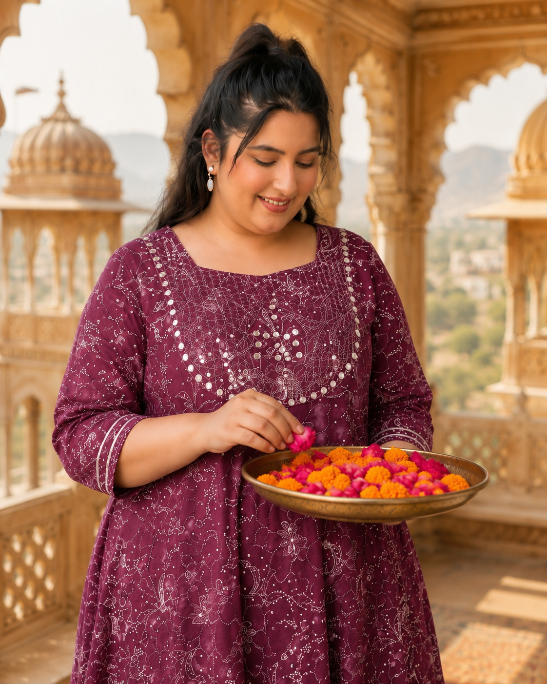 Magenta Purple Anarkali Kurta & Dupatta Set (Cotton)