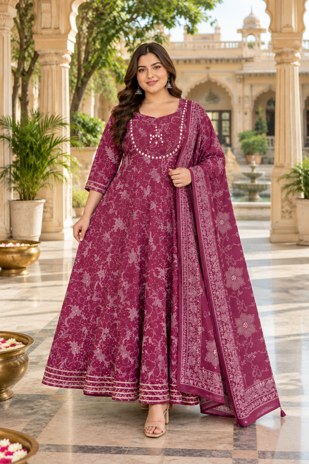 Magenta Purple Anarkali Kurta & Dupatta Set (Cotton)