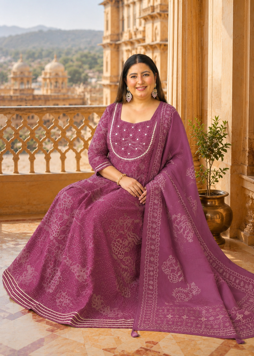 Wine Anarkali Kurta & Dupatta Set (Cotton)
