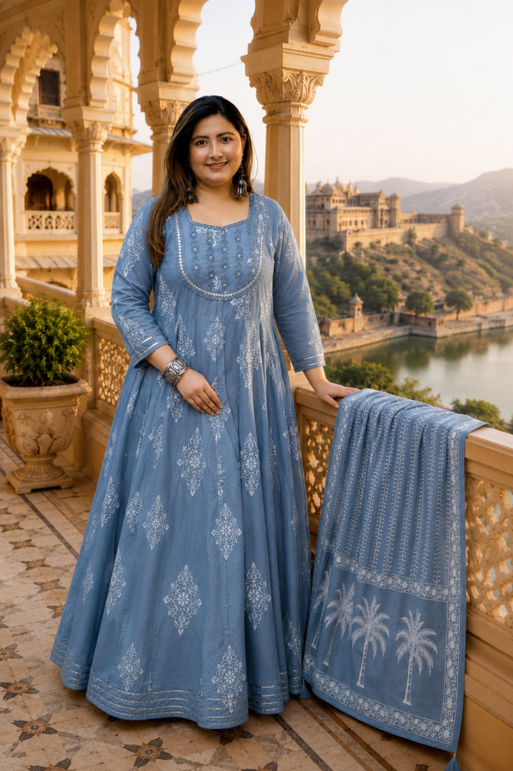 Grey Anarkali Kurta & Dupatta Set (Cotton)