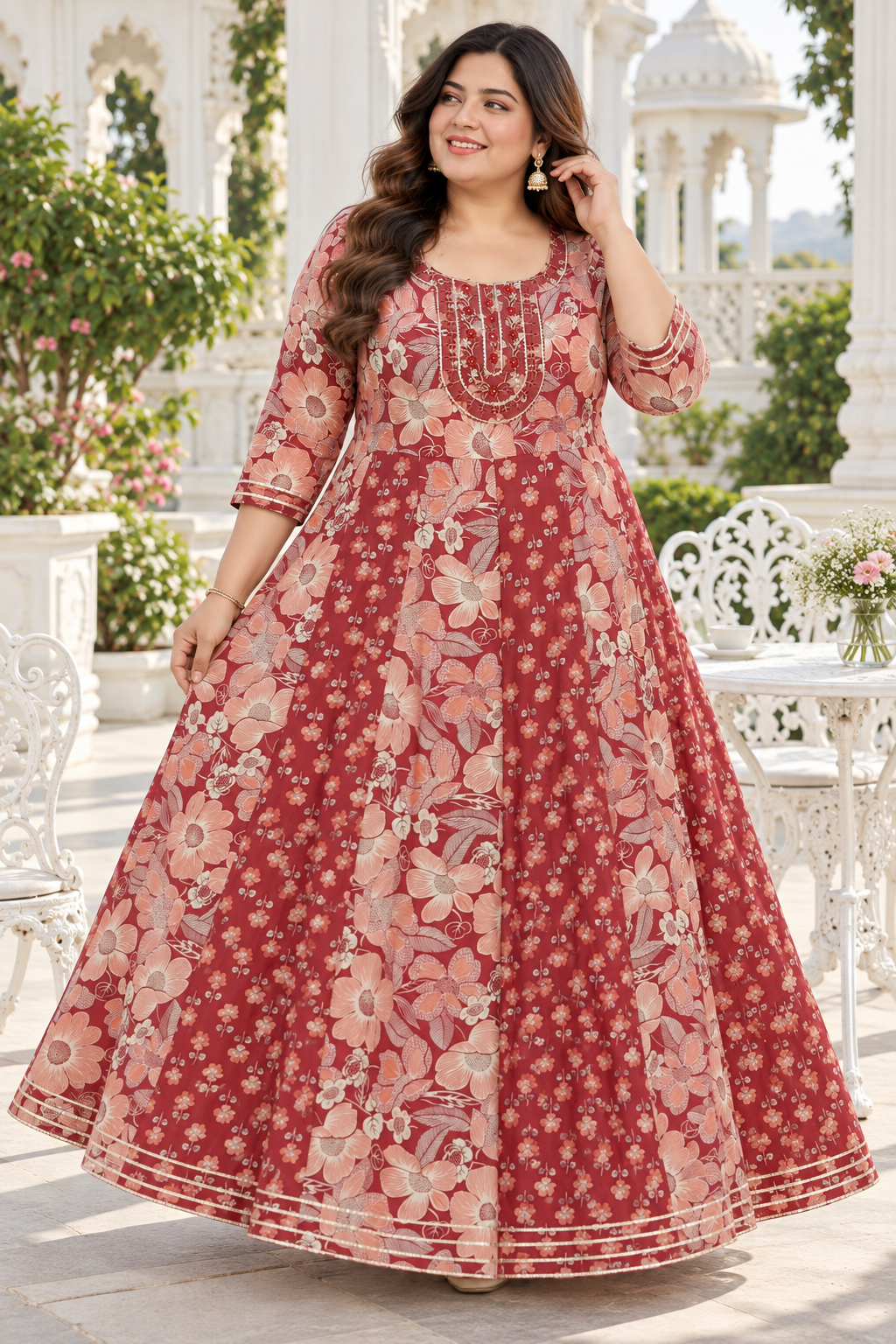 Rust Red Anarkali Kurta & Dupatta Set (Cotton)