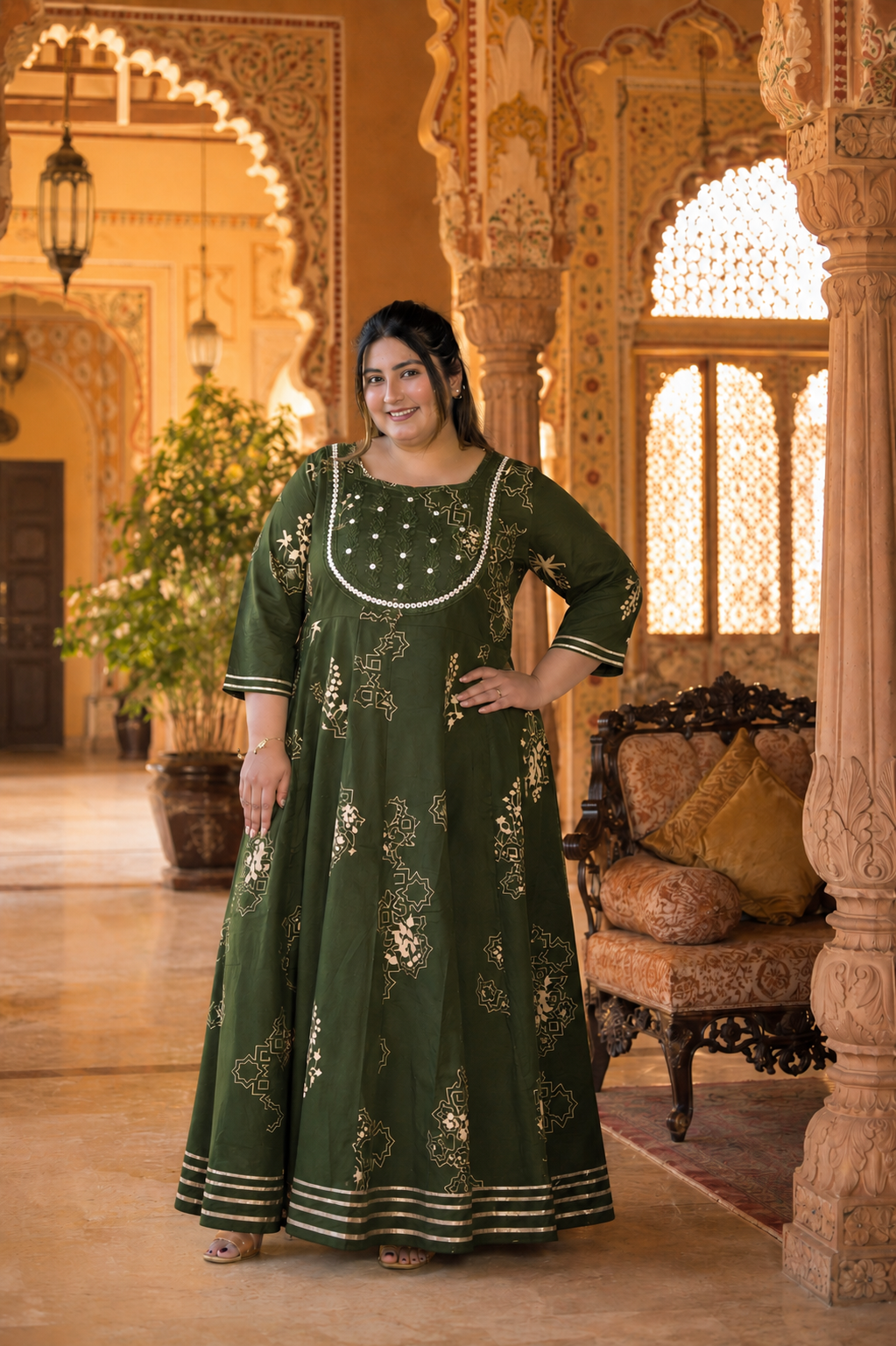 Green Anarkali Kurta & Dupatta Set (Cotton)