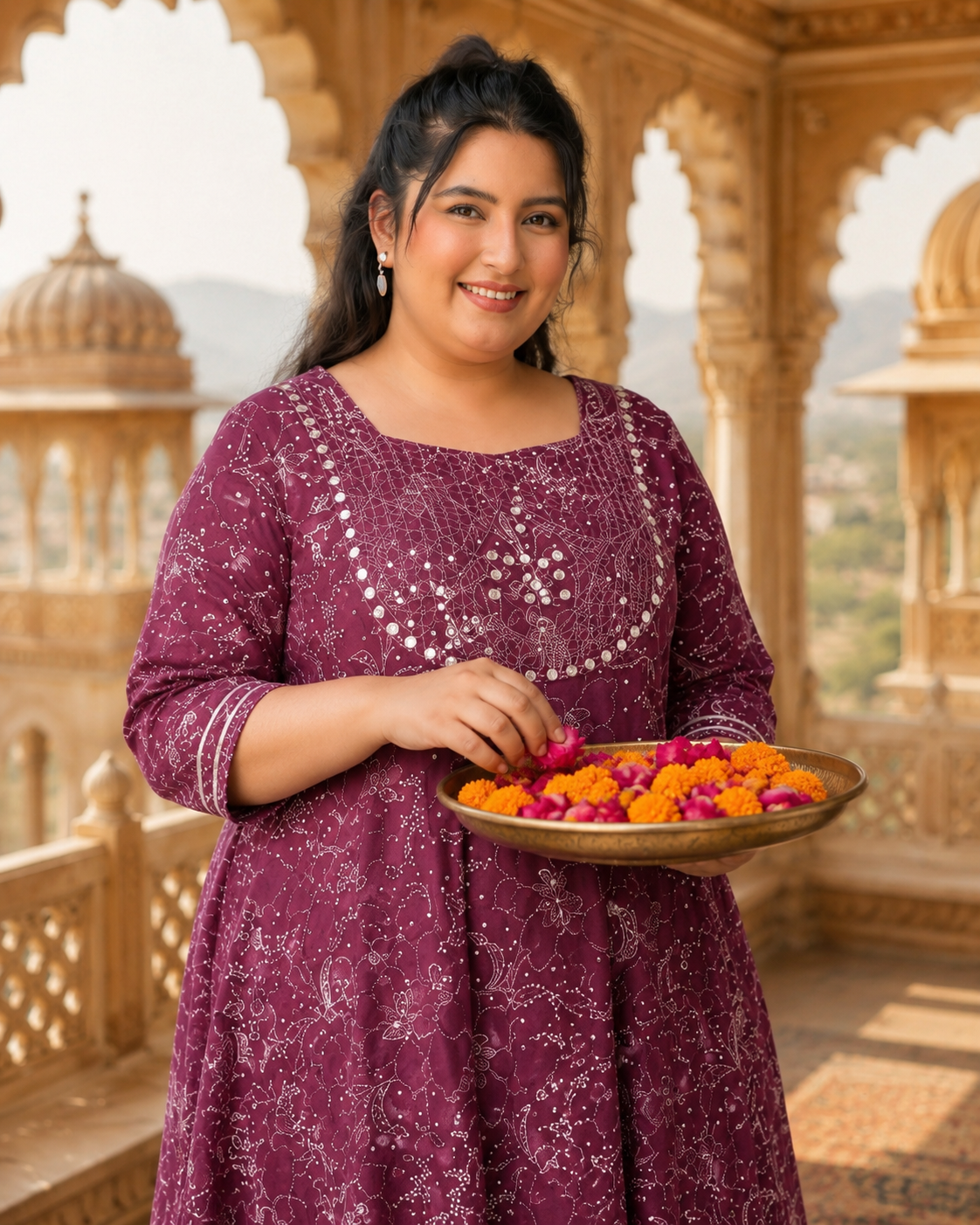 Magenta Purple Anarkali Kurta & Dupatta Set (Cotton)