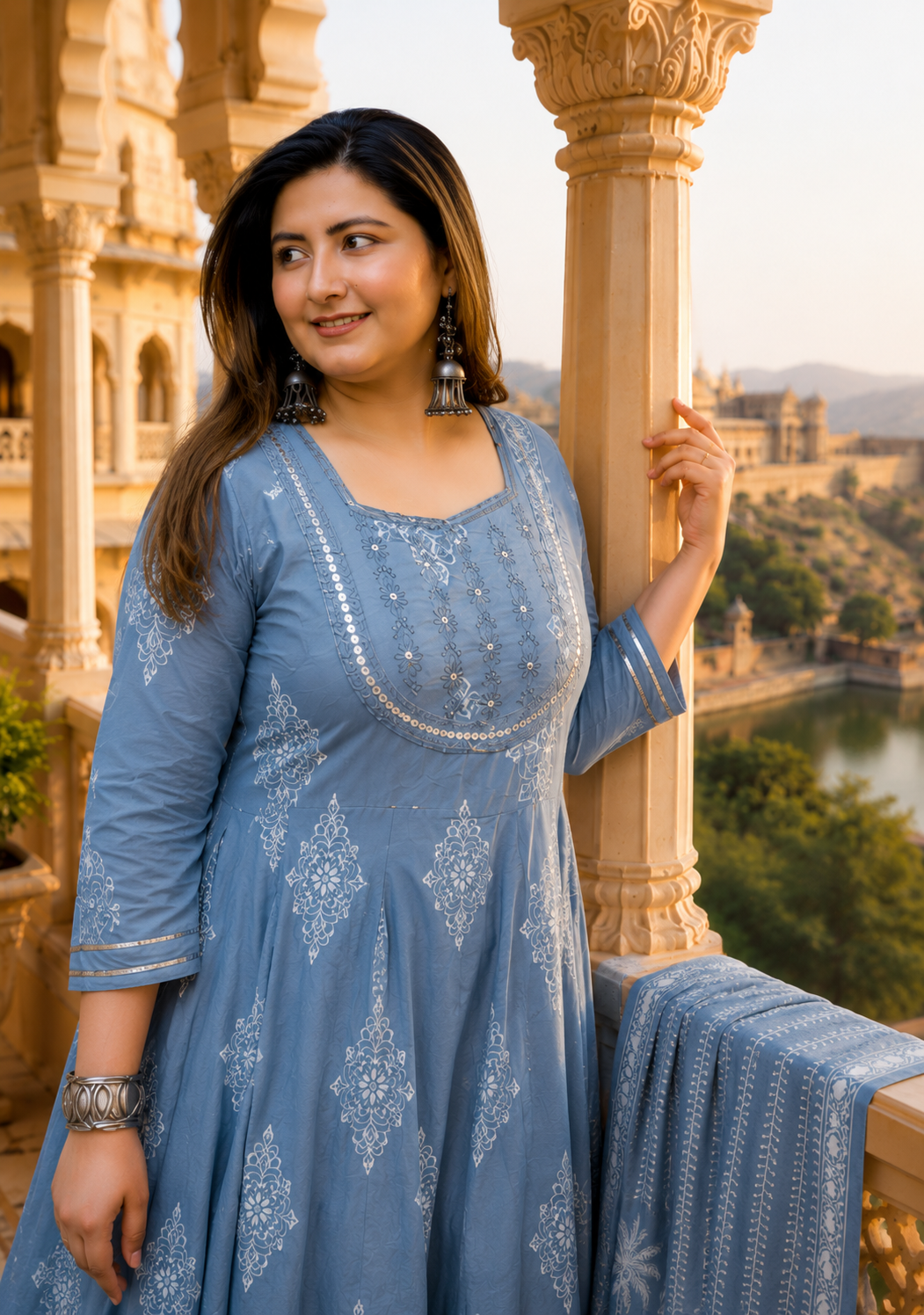 Grey Anarkali Kurta & Dupatta Set (Cotton)