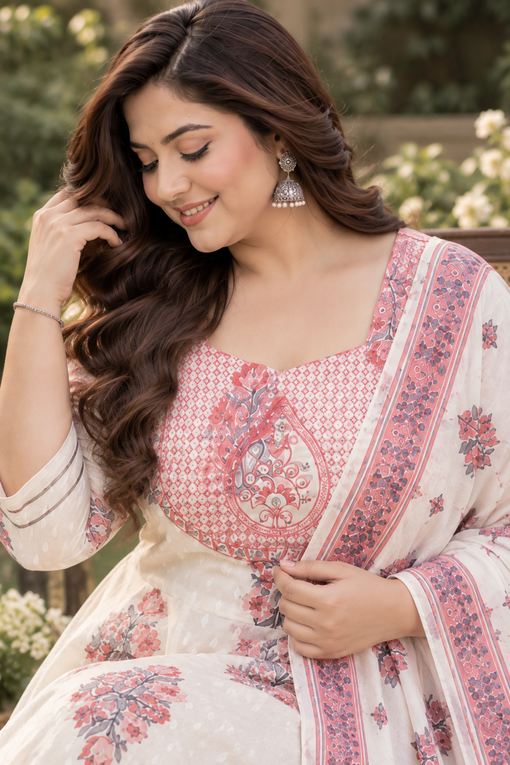 White Anarkali Kurta & Dupatta Set (Cotton)