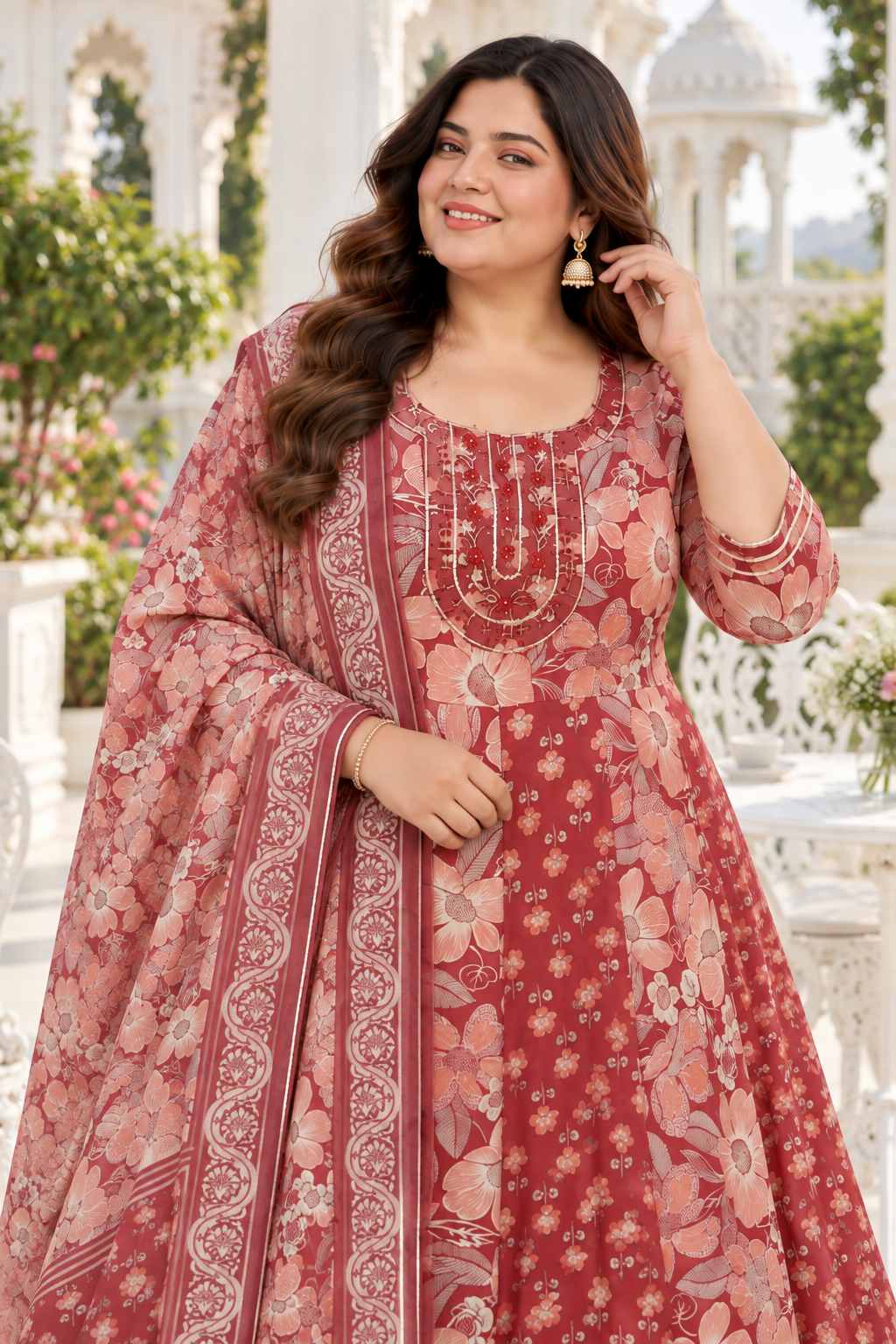 Rust Red Anarkali Kurta & Dupatta Set (Cotton)