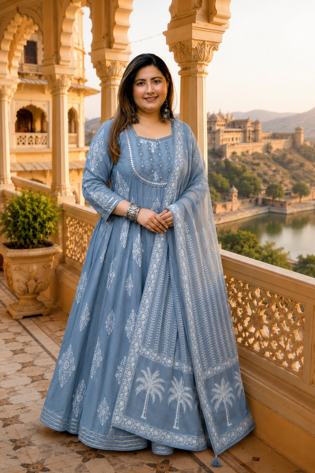 Grey Anarkali Kurta & Dupatta Set (Cotton)