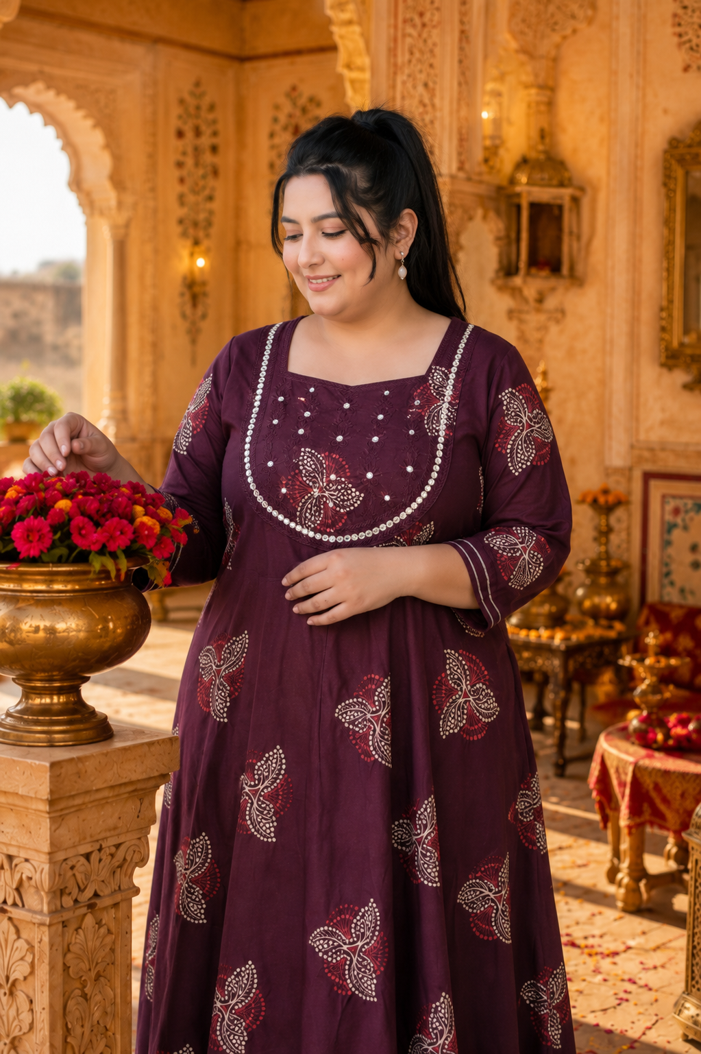 Dark Wine Anarkali Kurta & Dupatta Set (Cotton)