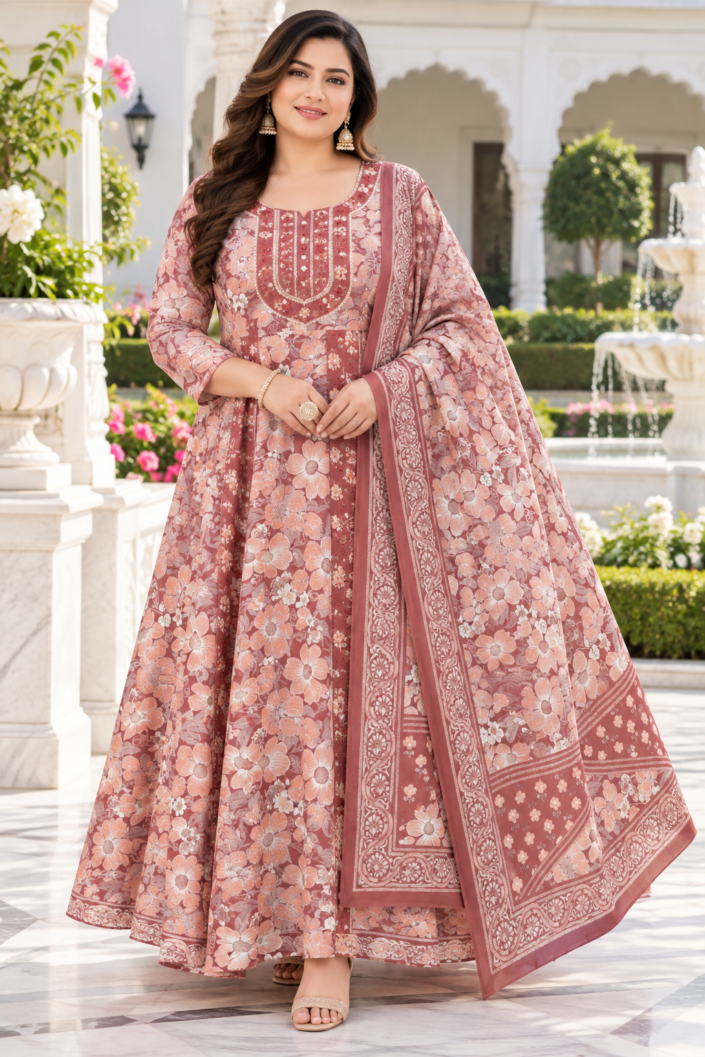 Rust Red Anarkali Kurta & Dupatta Set (Cotton)