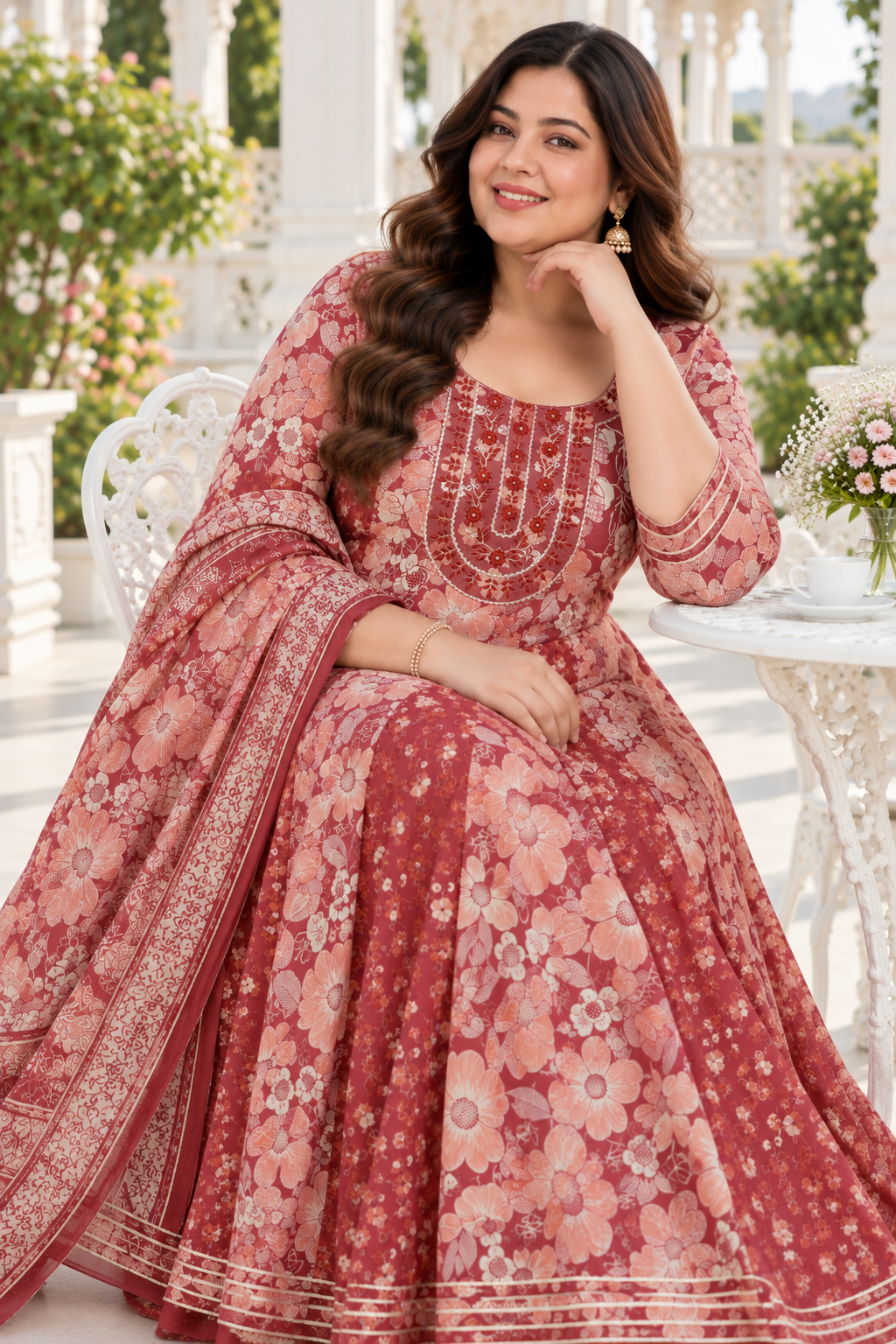 Rust Red Anarkali Kurta & Dupatta Set (Cotton)