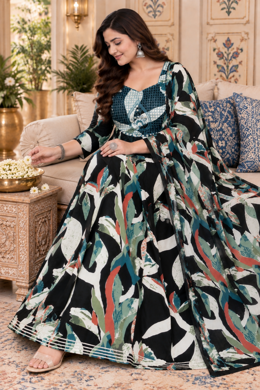 Black Abstract Anarkali Kurta & Dupatta Set