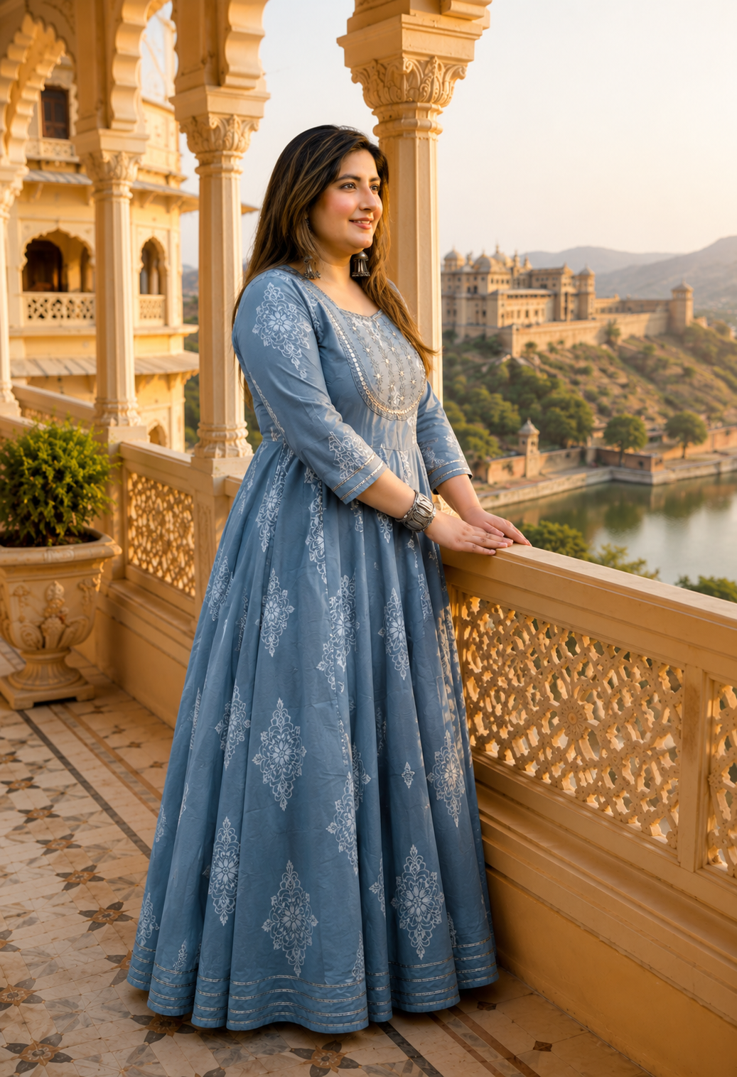 Grey Anarkali Kurta & Dupatta Set (Cotton)