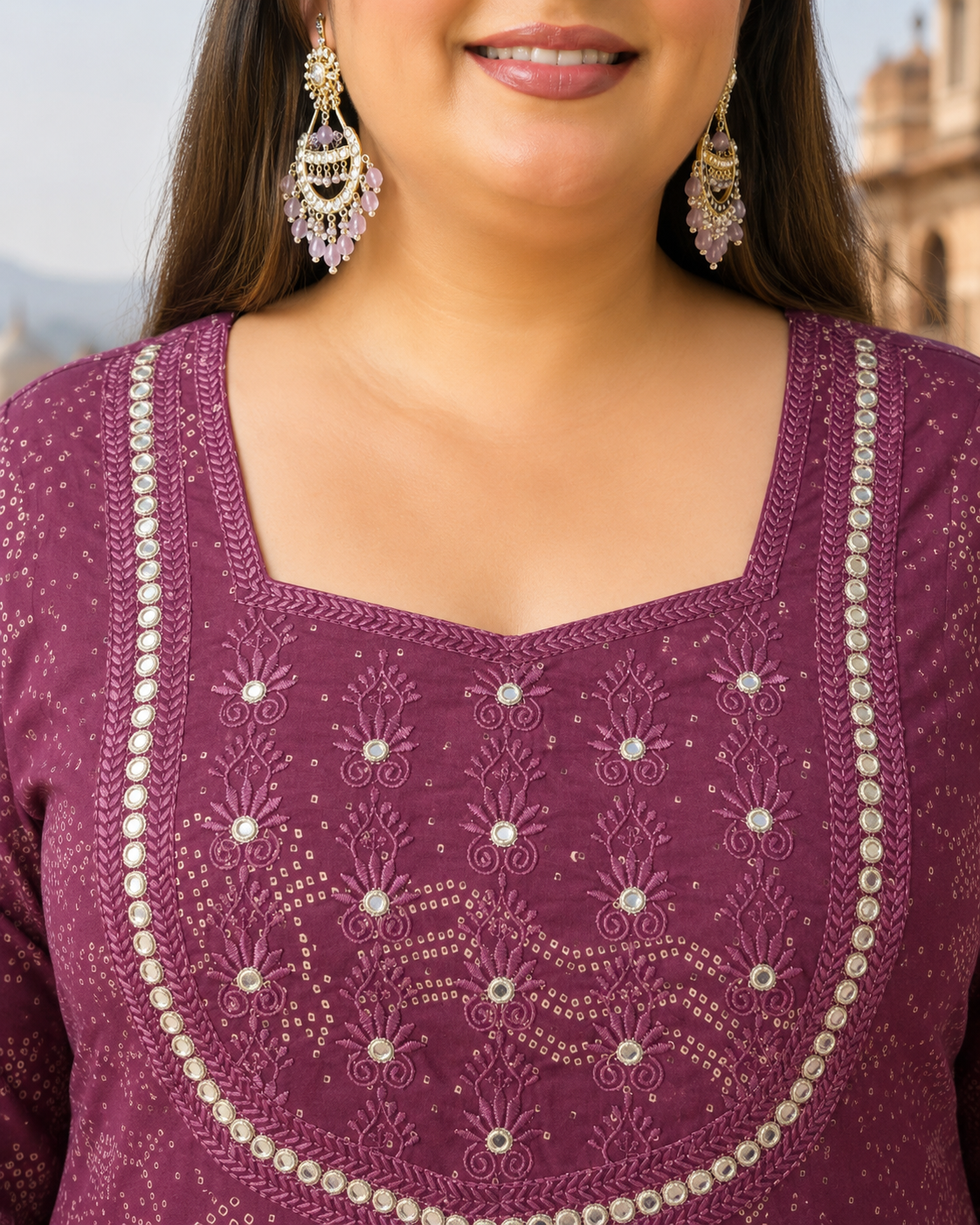 Wine Anarkali Kurta & Dupatta Set (Cotton)