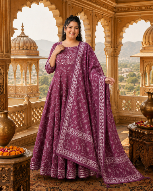 Magenta Purple Anarkali Kurta & Dupatta Set (Cotton)