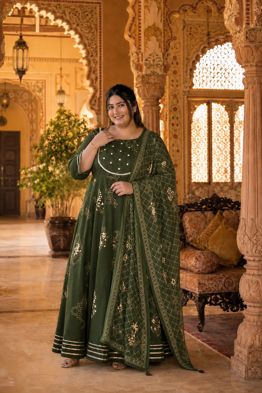 Green Anarkali Kurta & Dupatta Set (Cotton)