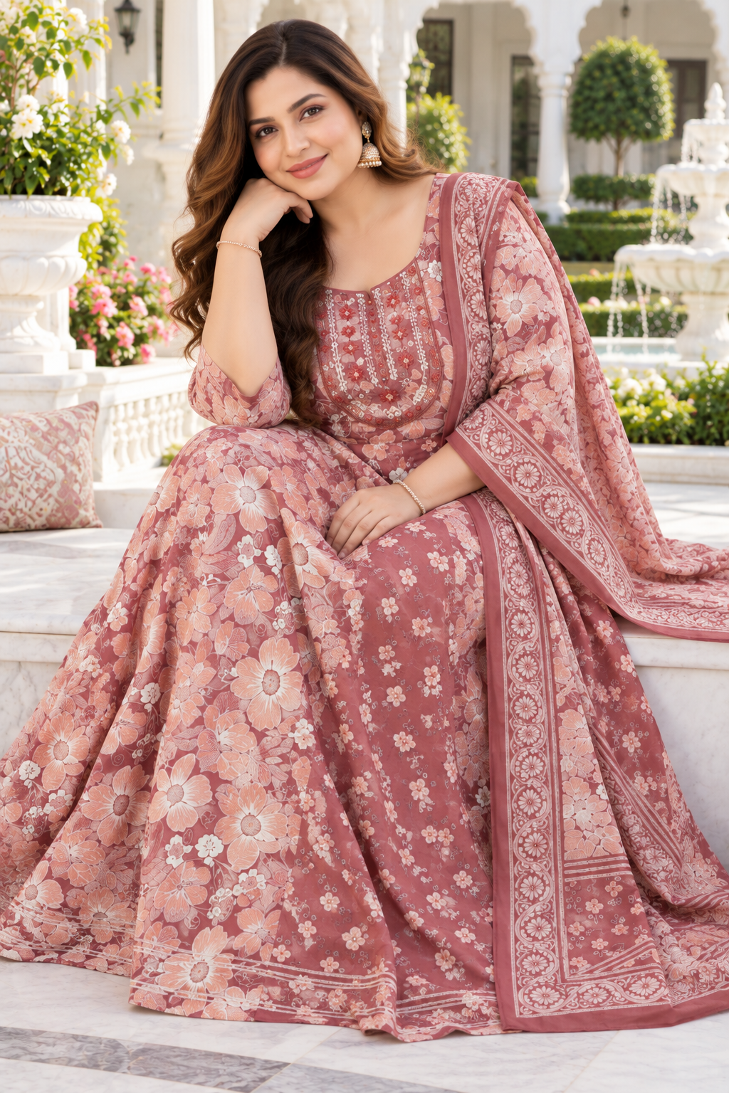 Rust Red Anarkali Kurta & Dupatta Set (Cotton)
