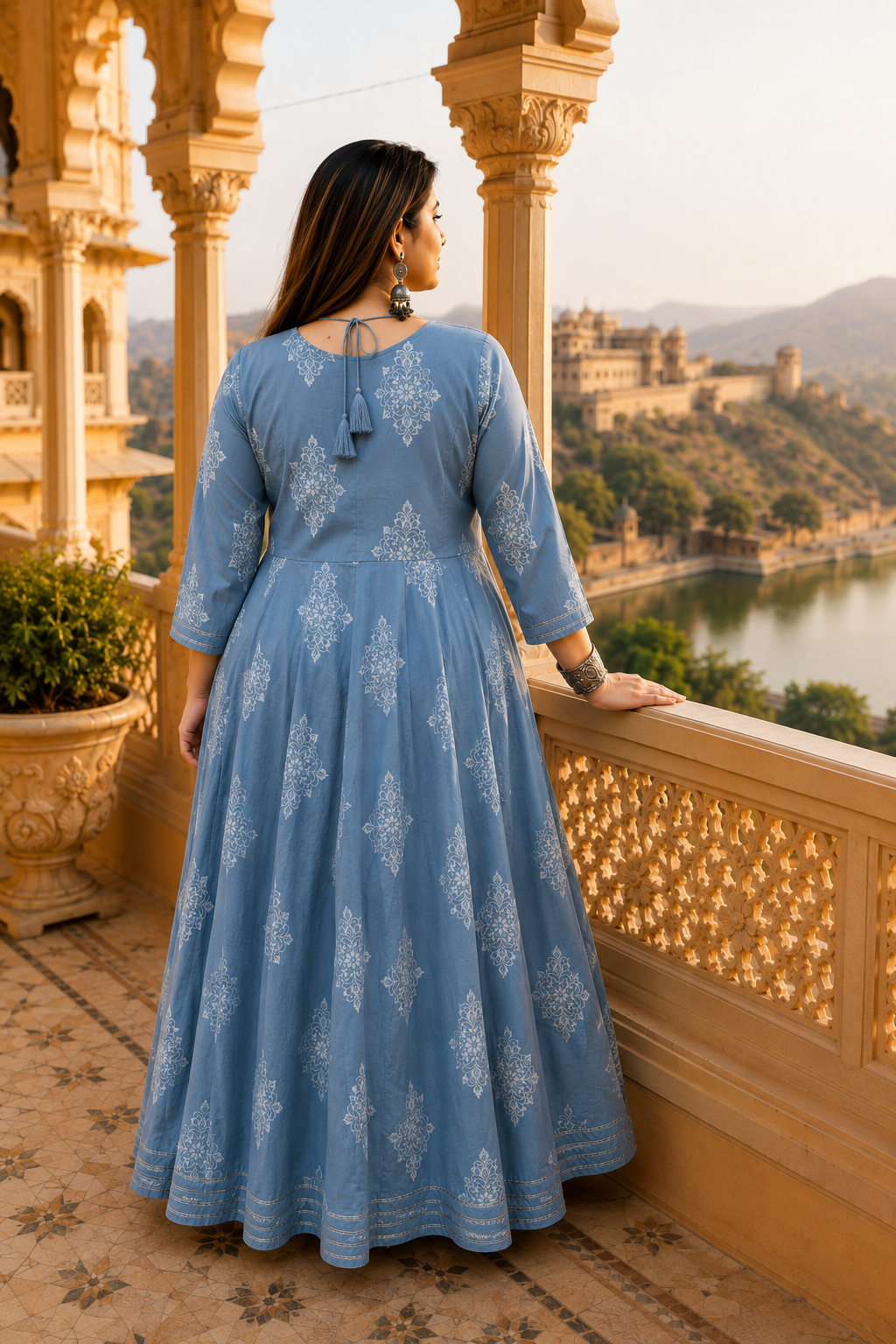 Grey Anarkali Kurta & Dupatta Set (Cotton)