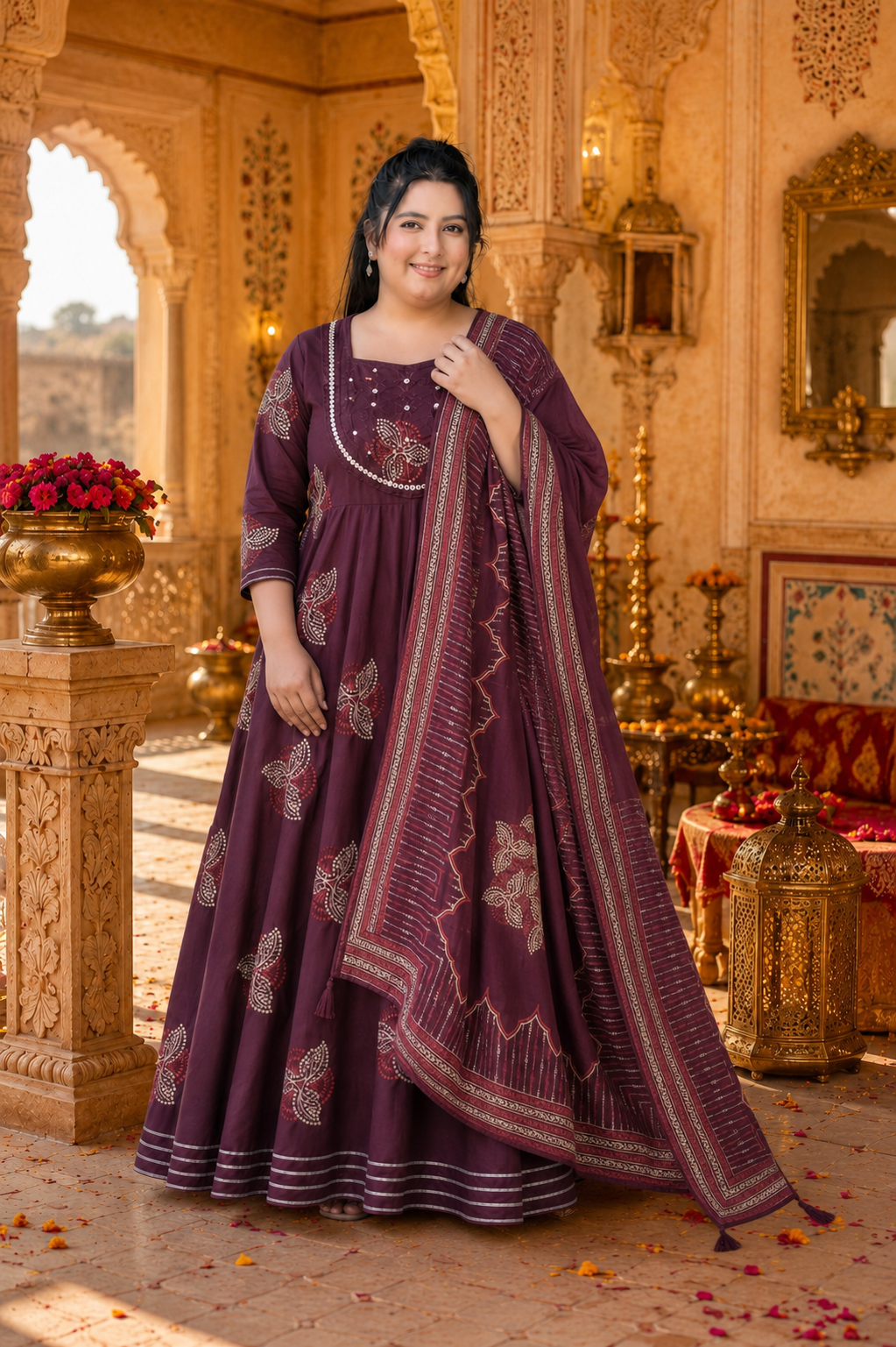 Dark Wine Anarkali Kurta & Dupatta Set (Cotton)